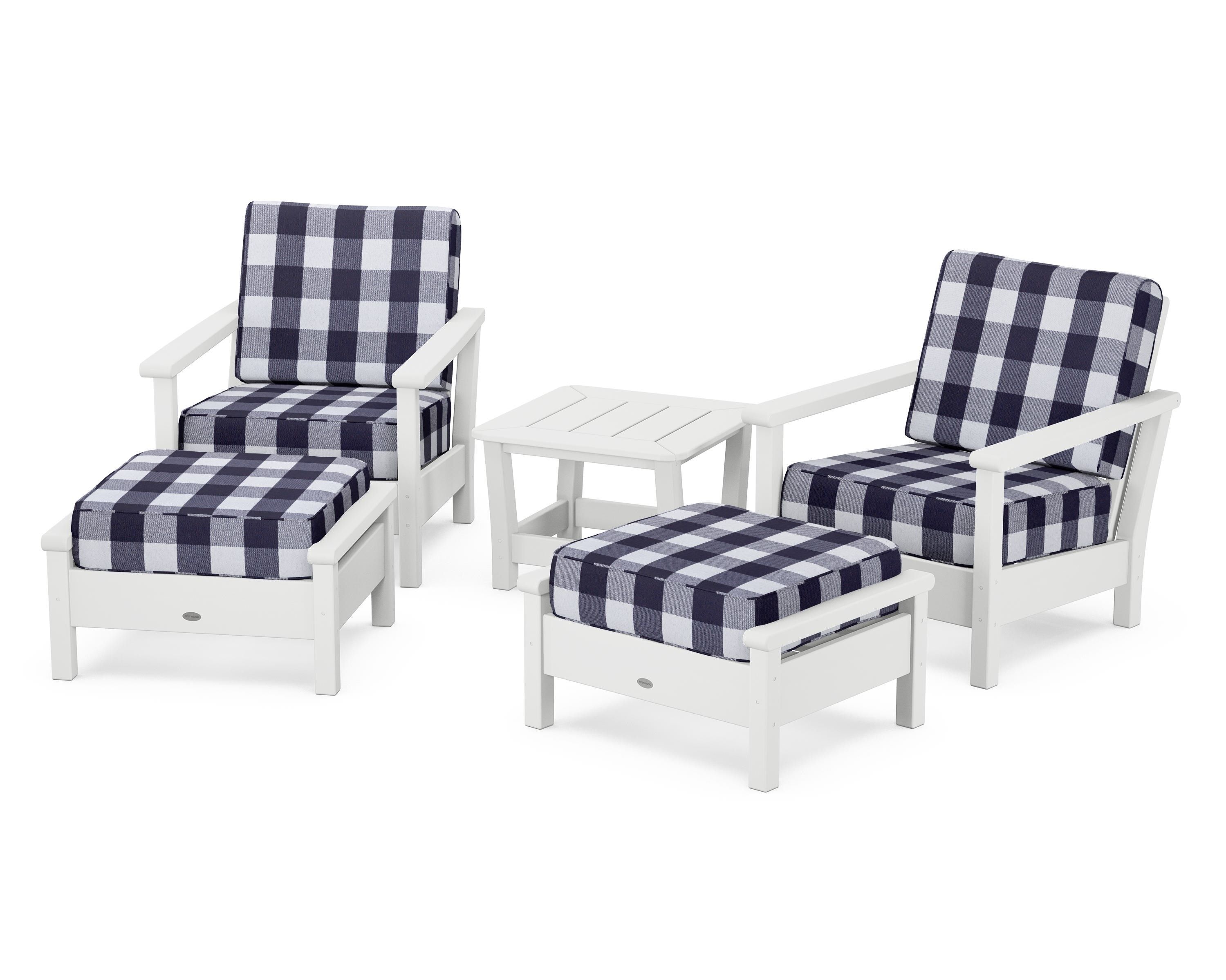 POLYWOOD® Harbour 5-Piece Deep Seating Chair Set in White / Buffalo Plaid Navy