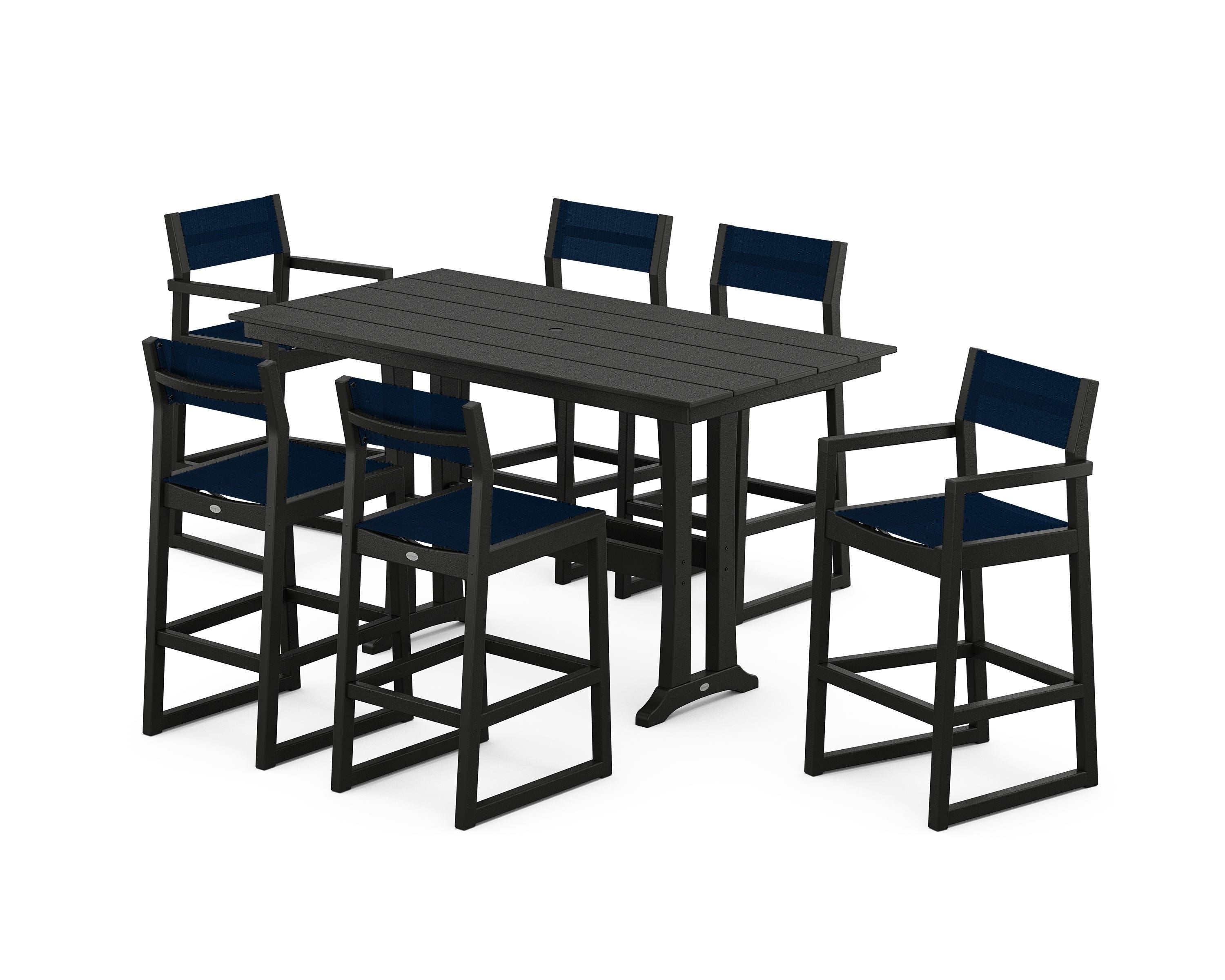 POLYWOOD® EDGE Sling 7-Piece Farmhouse Bar Set with Trestle Legs in Black / Navy Blue Sling