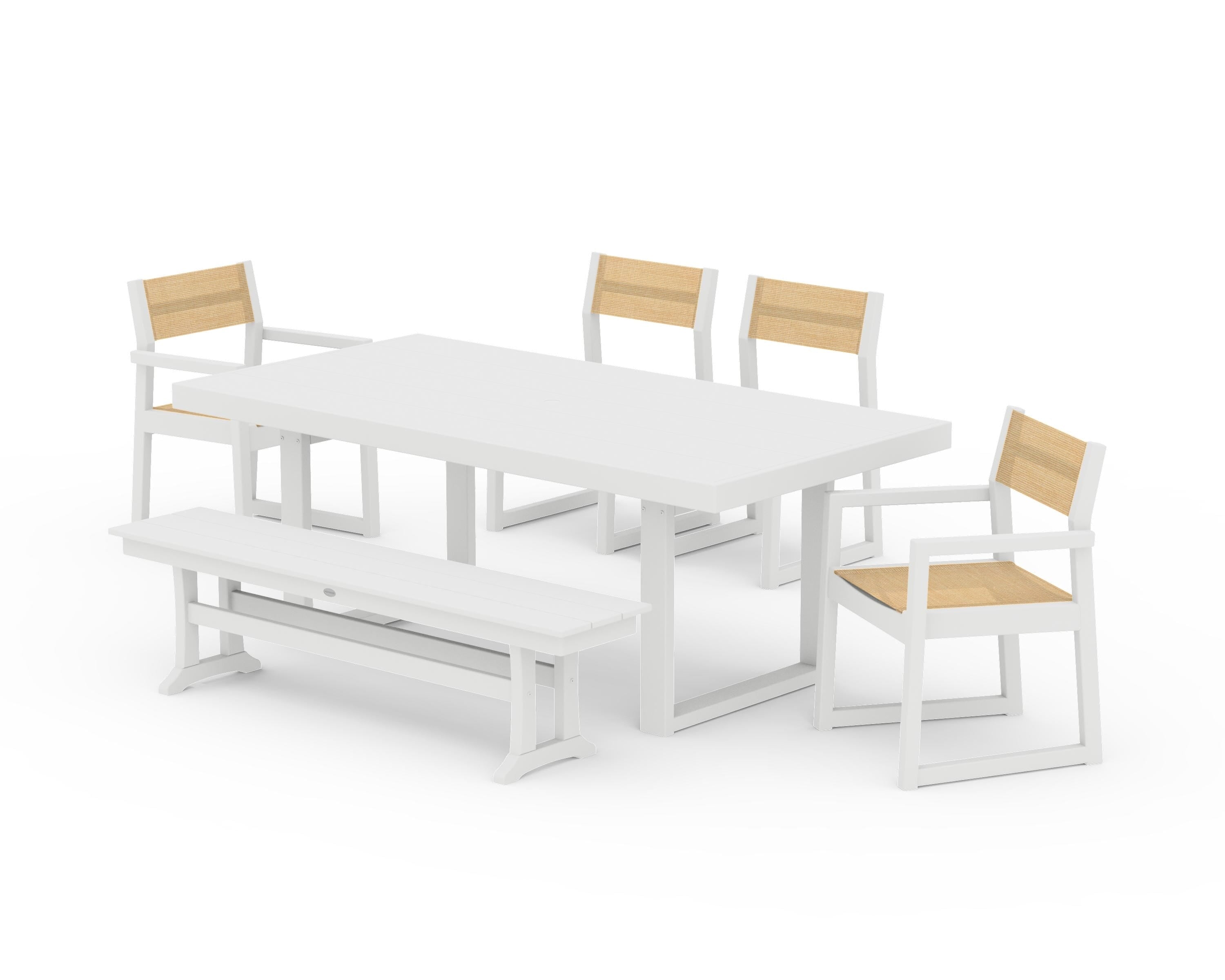 POLYWOOD® EDGE Sling 6-Piece Dining Set with Bench in White / Dupioni Apricot Sling