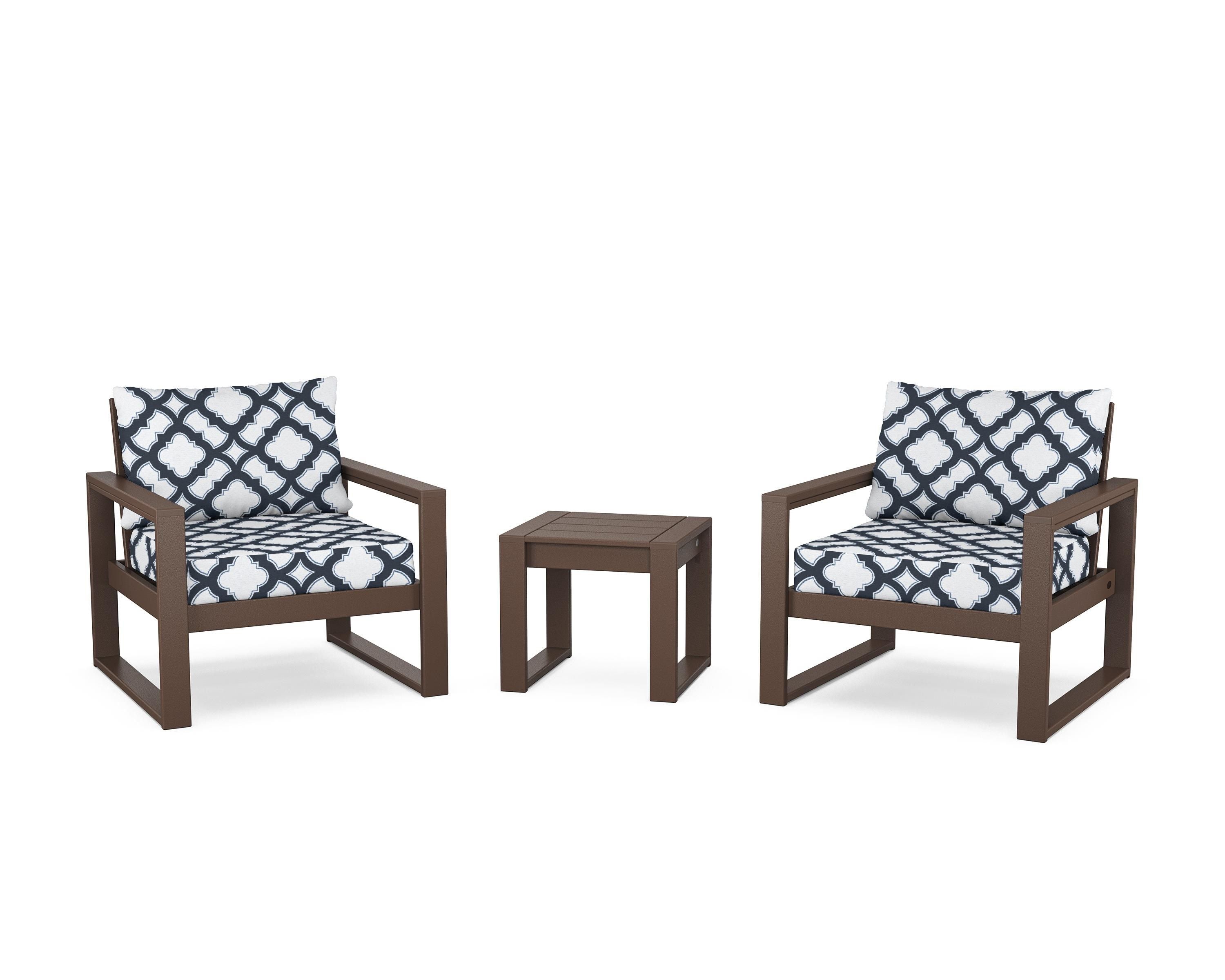 POLYWOOD® EDGE Sectional 3-Piece Deep Seating Set in Mahogany / Trellis Marine Indigo