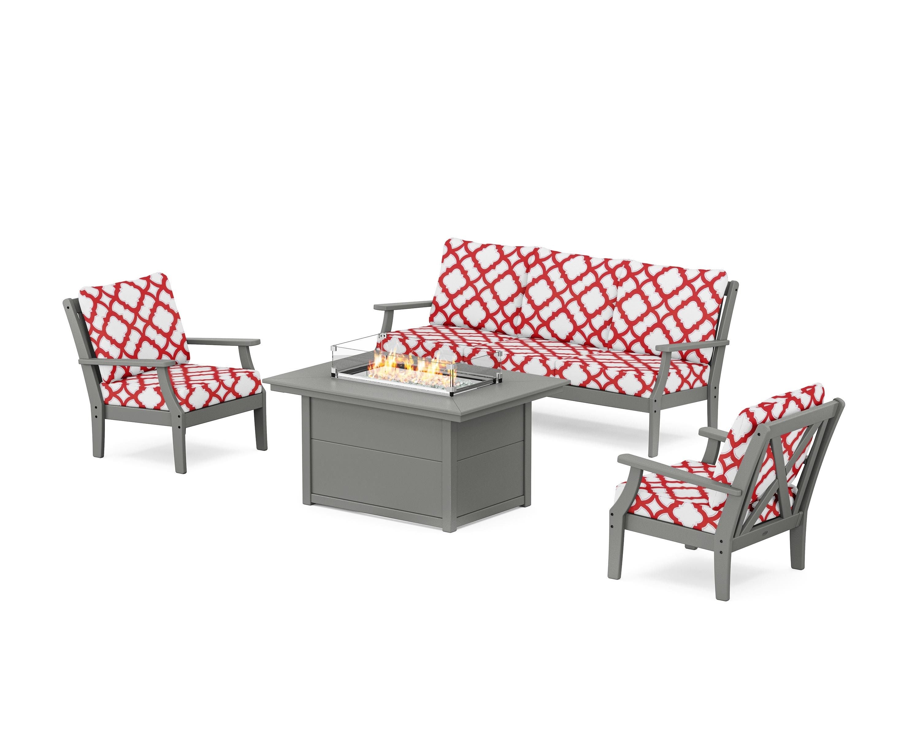 POLYWOOD® Braxton Deep Seating Fire Pit Table Set in Slate Grey / Trellis Crimson