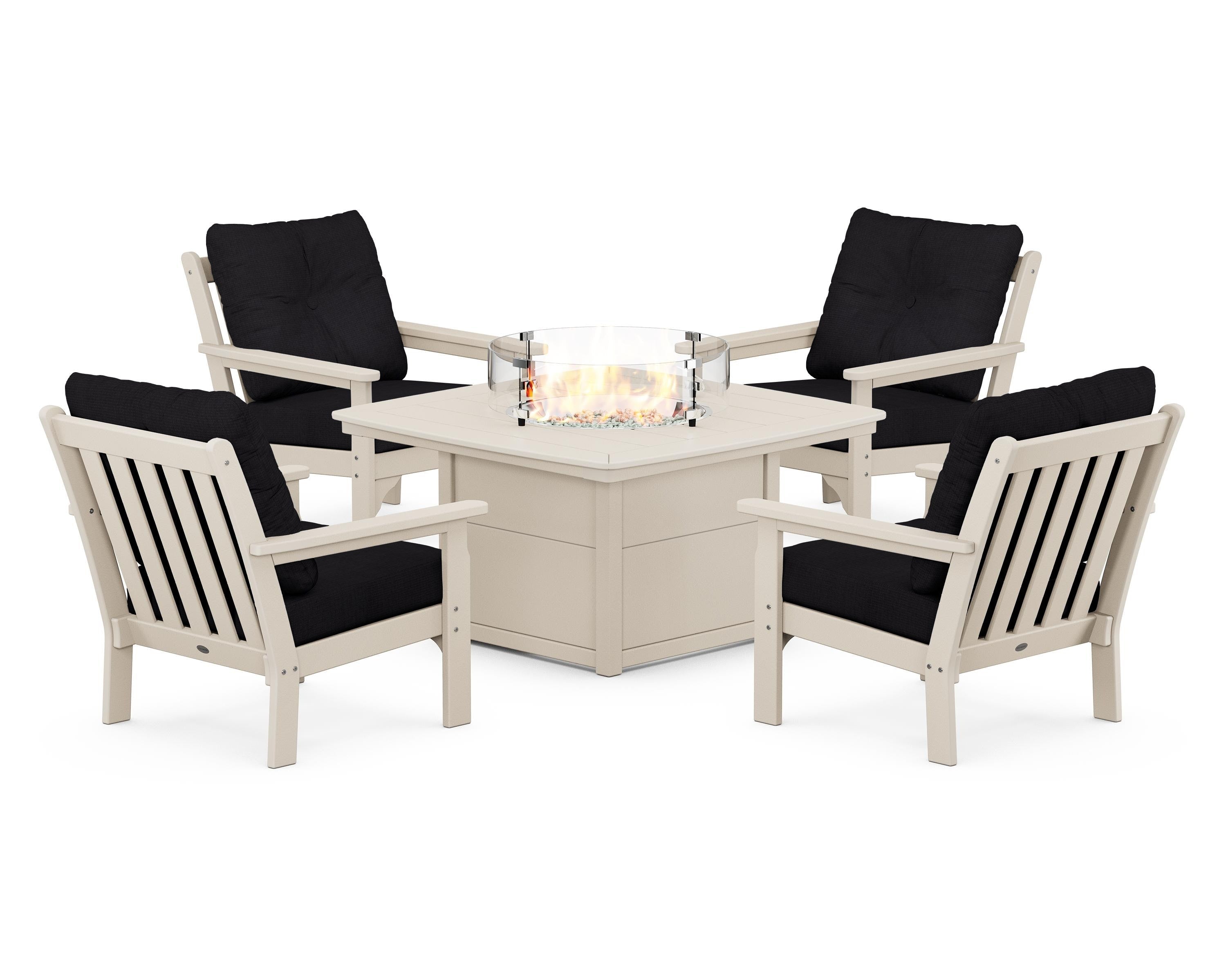 POLYWOOD® Vineyard 5-Piece Conversation Set with Fire Pit Table in Sand / Midnight Linen