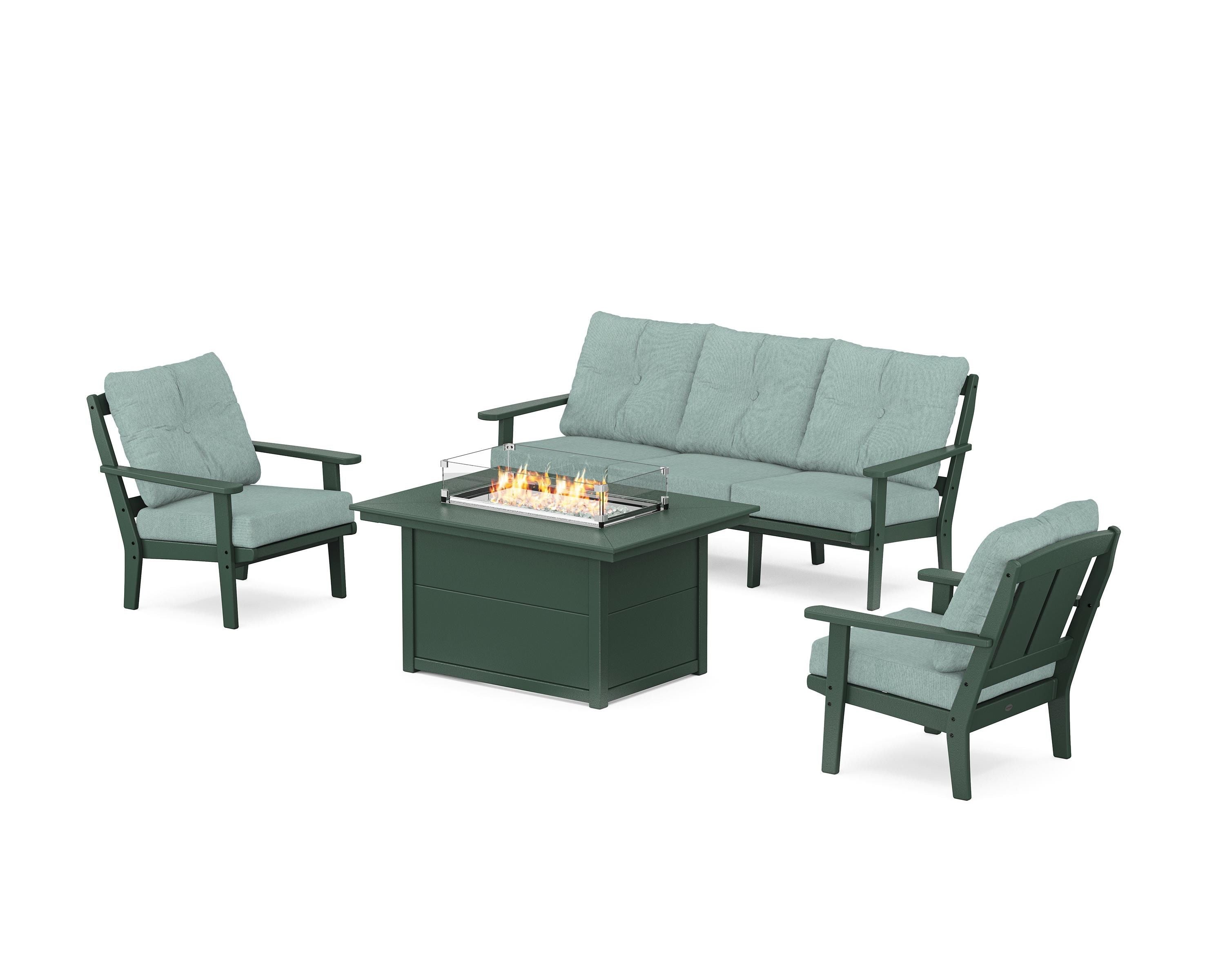POLYWOOD® Mission Deep Seating Fire Pit Table Set in Green / Glacier Spa