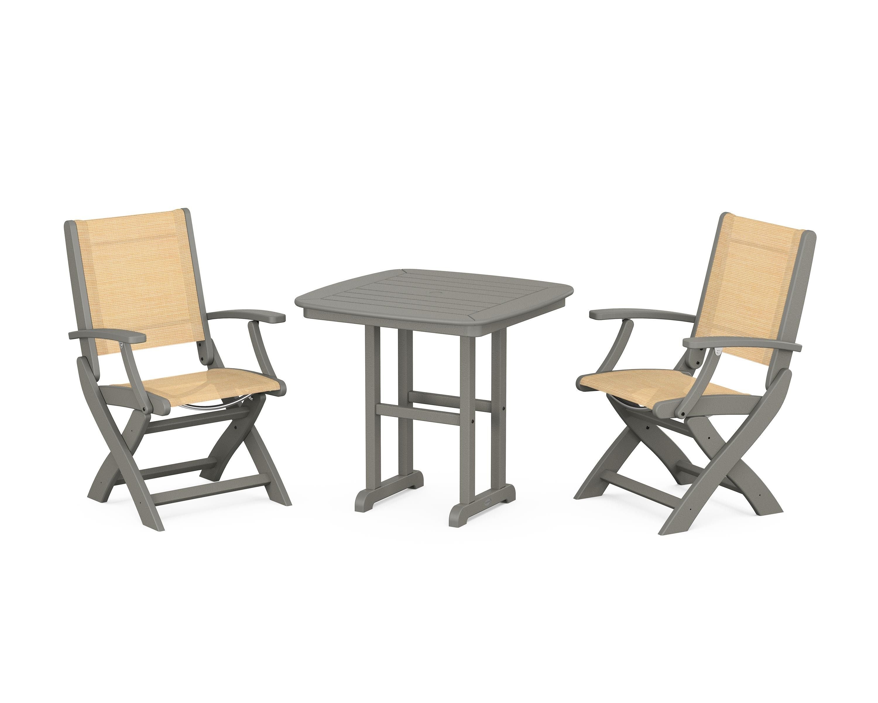 POLYWOOD® Coastal Folding Chair 3-Piece Dining Set in Slate Grey / Dupioni Apricot Sling