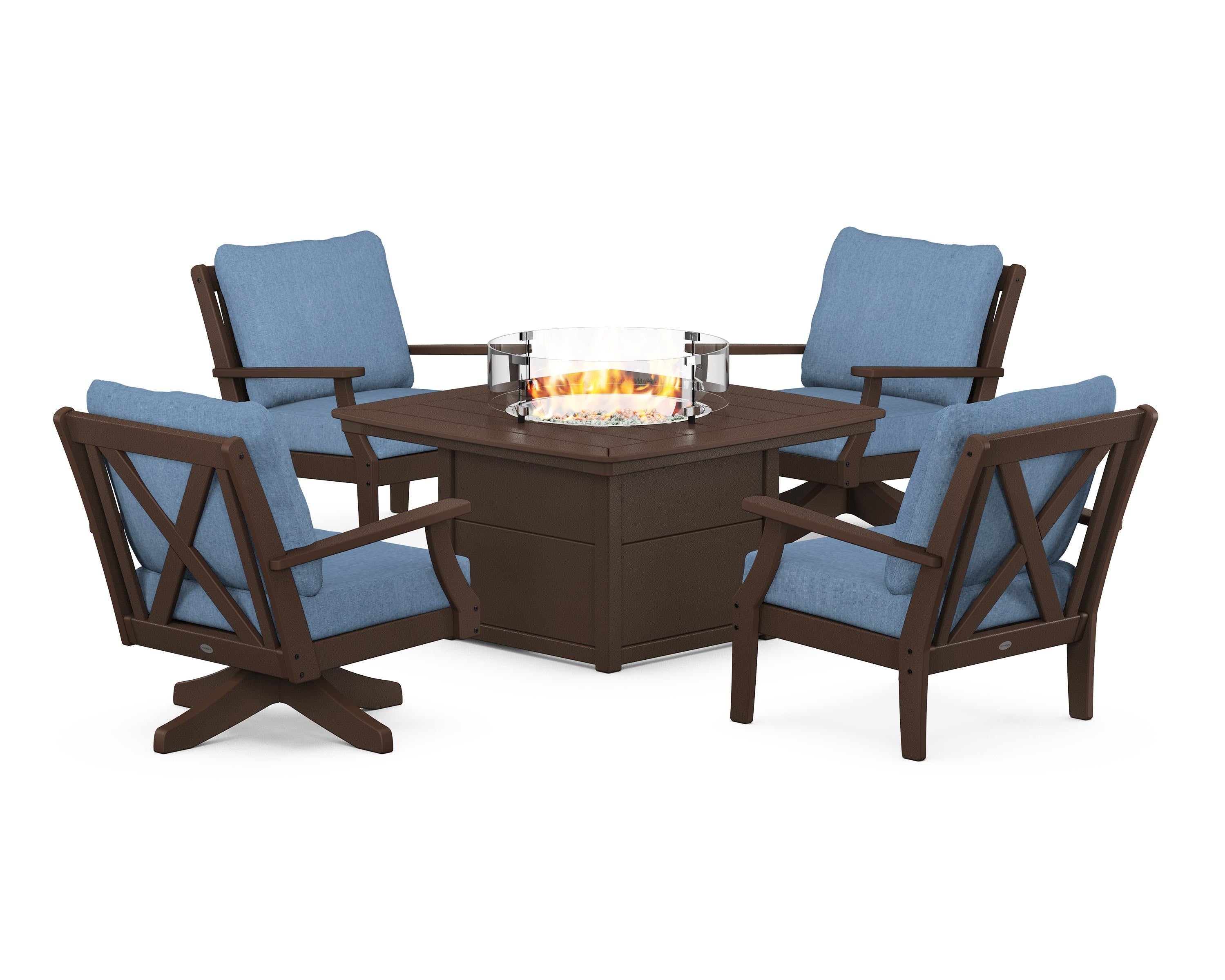 POLYWOOD® Braxton 5-Piece Deep Seating Set with Fire Table in Mahogany / Sky Blue