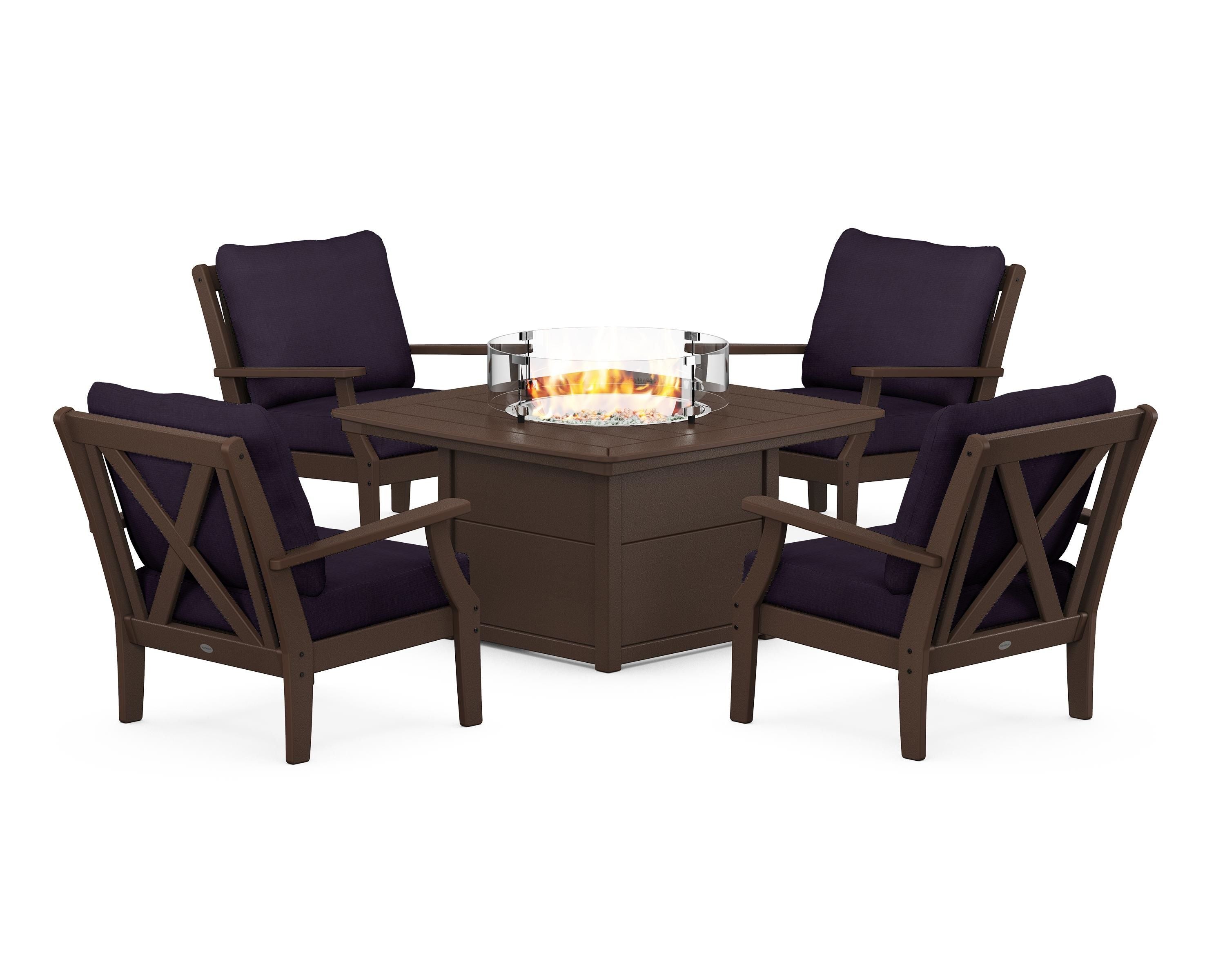 POLYWOOD® Braxton 5-Piece Deep Seating Conversation Set with Fire Pit Table in Mahogany / Navy Linen