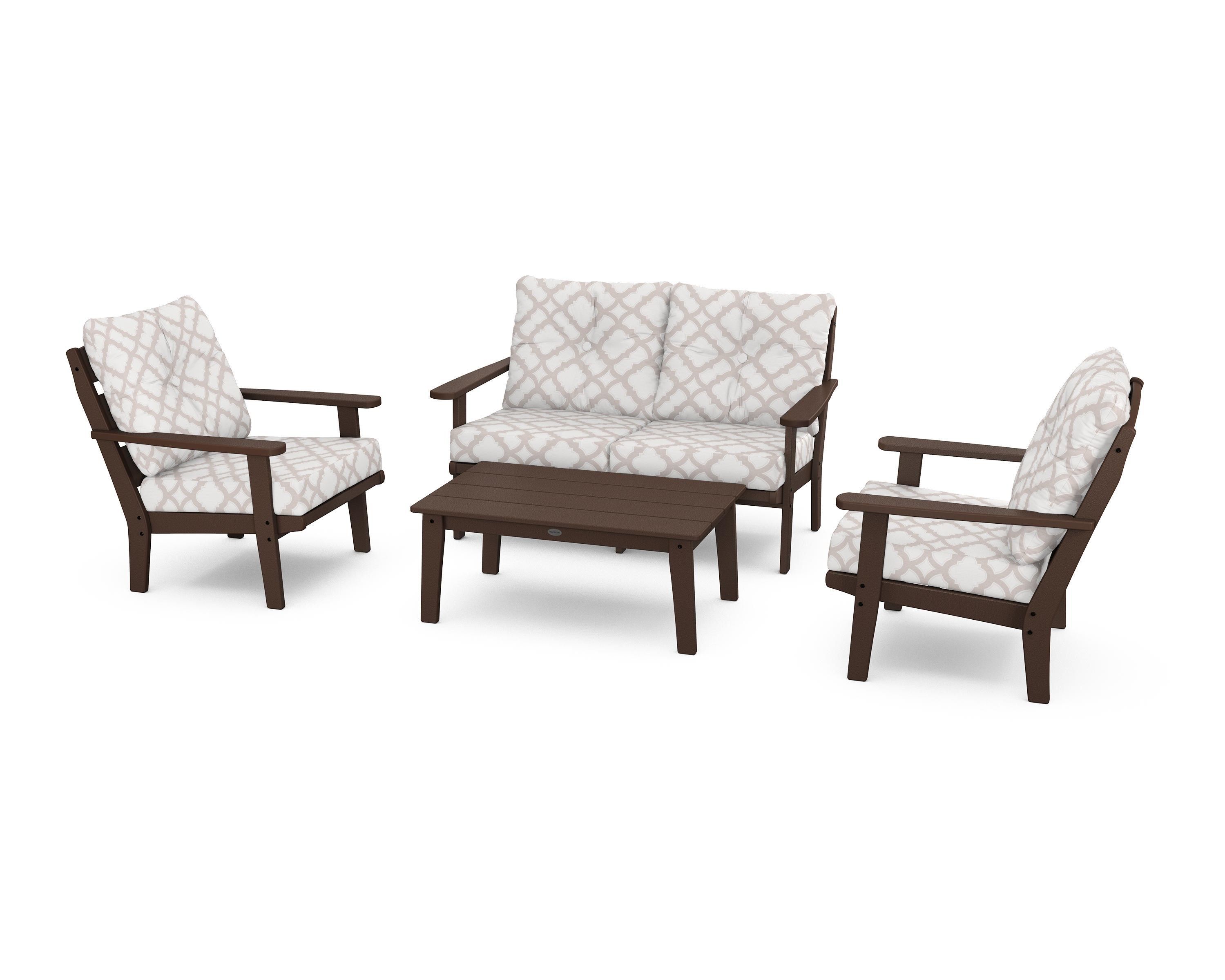 POLYWOOD® Lakeside 4-Piece Deep Seating Set in Mahogany / Trellis Dune Burlap