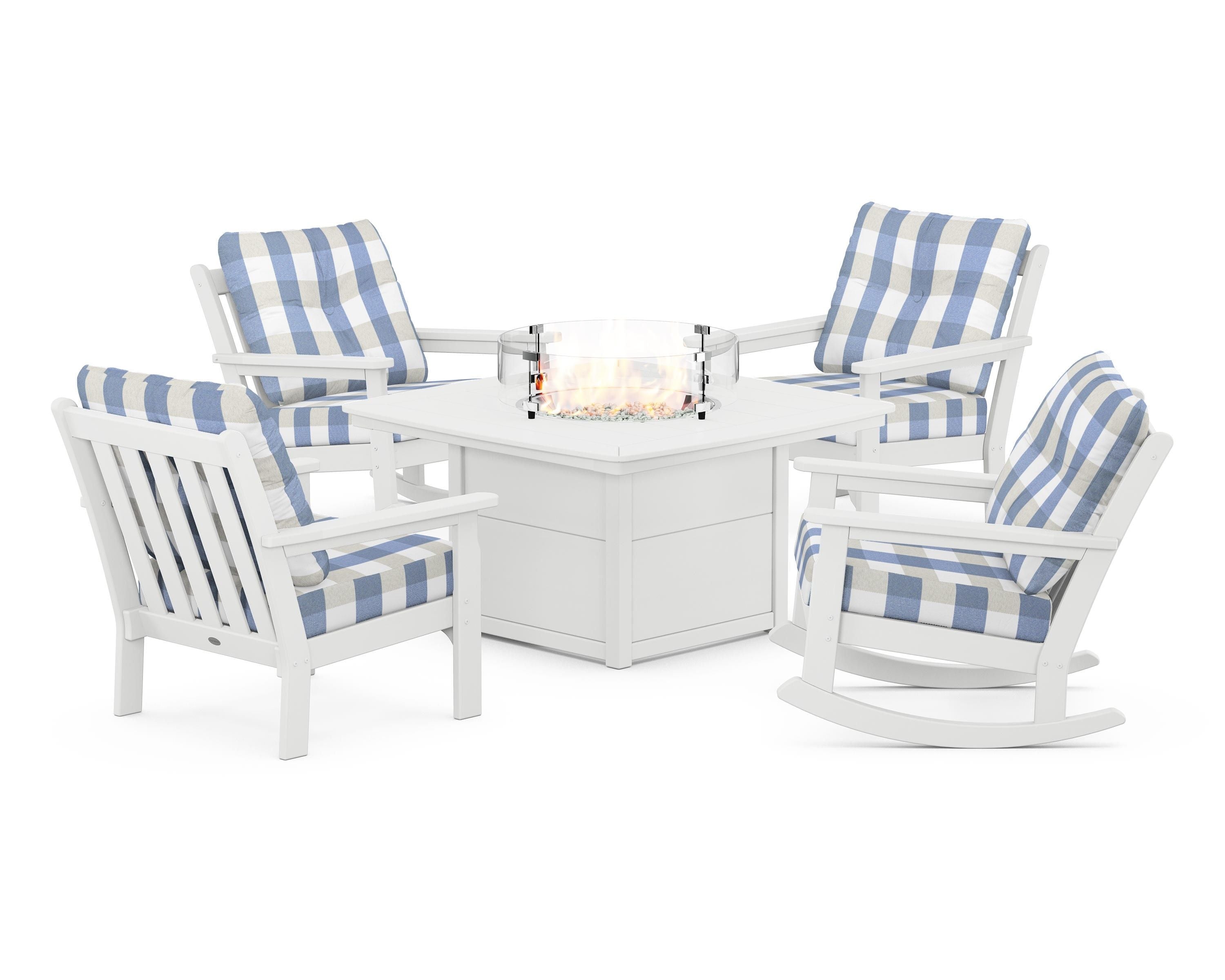 POLYWOOD® Vineyard 5-Piece Deep Seating Rocking Chair Conversation Set with Fire Pit Table in White / Buffalo Plaid Sky Blue