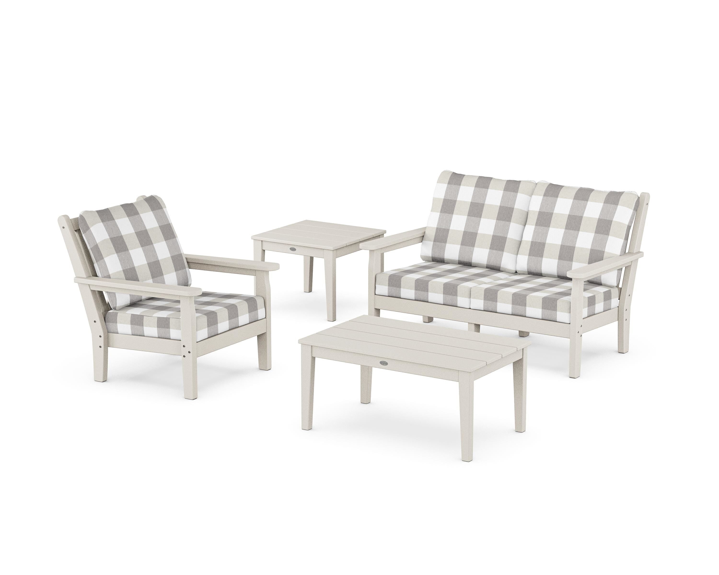 POLYWOOD® Chippendale 4-Piece Deep Seating Set in Sand / Buffalo Plaid Grey Mist