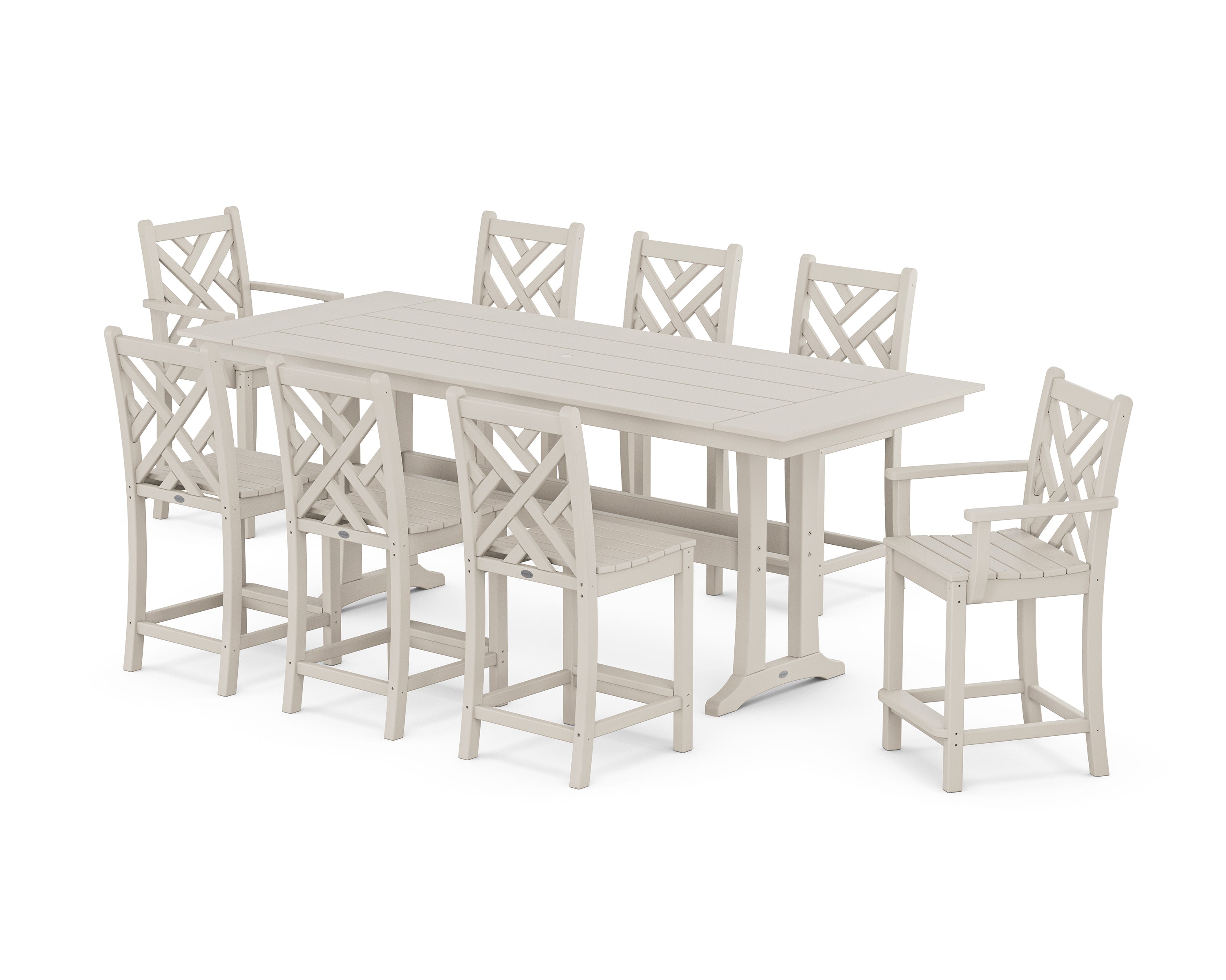 POLYWOOD® Chippendale 9-Piece Farmhouse Counter Set with Trestle Legs in Sand