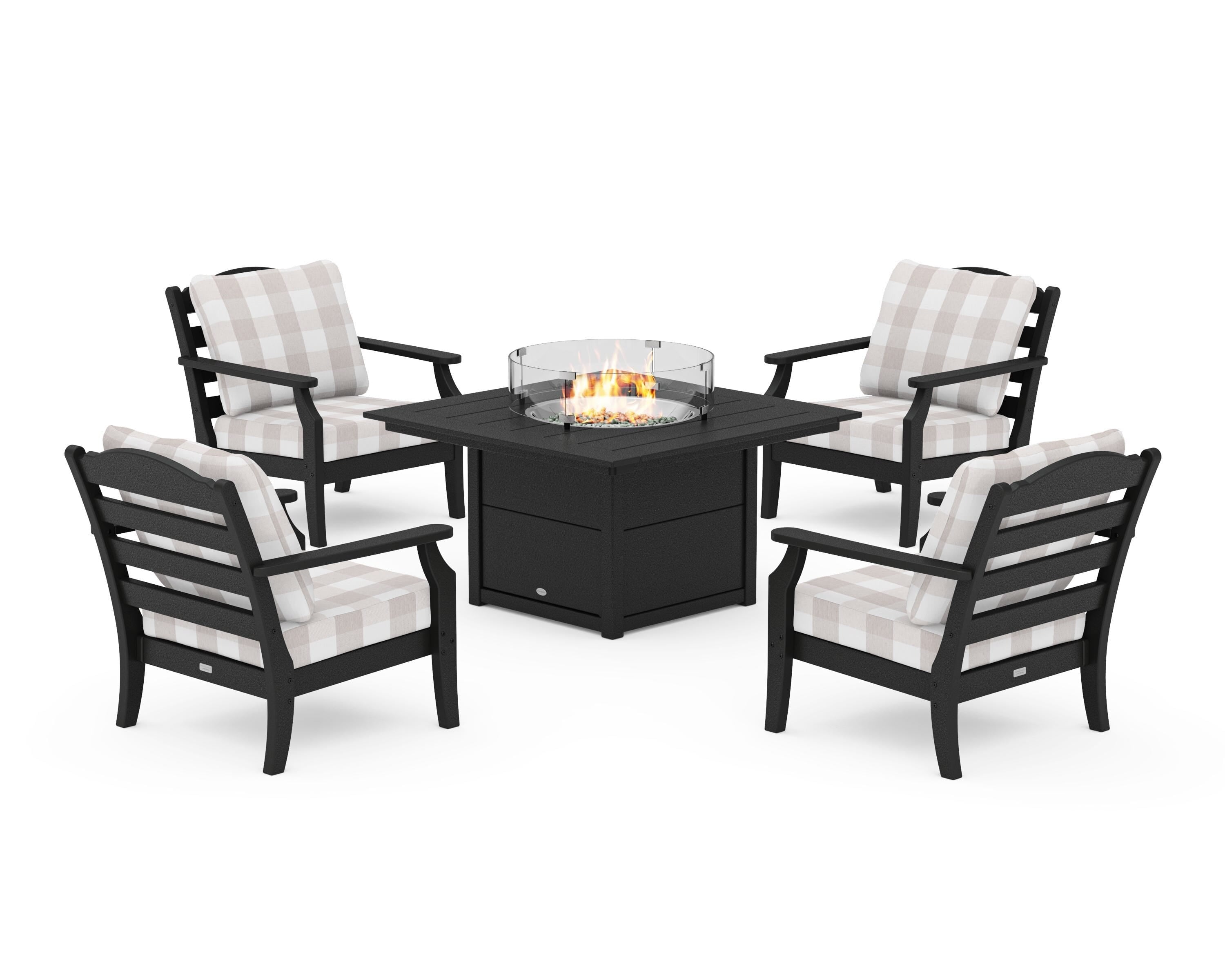 Draper James™ by POLYWOOD® Savannah 5-Piece Deep Seating Set with Fire Pit Table in Black / Buffalo Plaid Dune Burlap