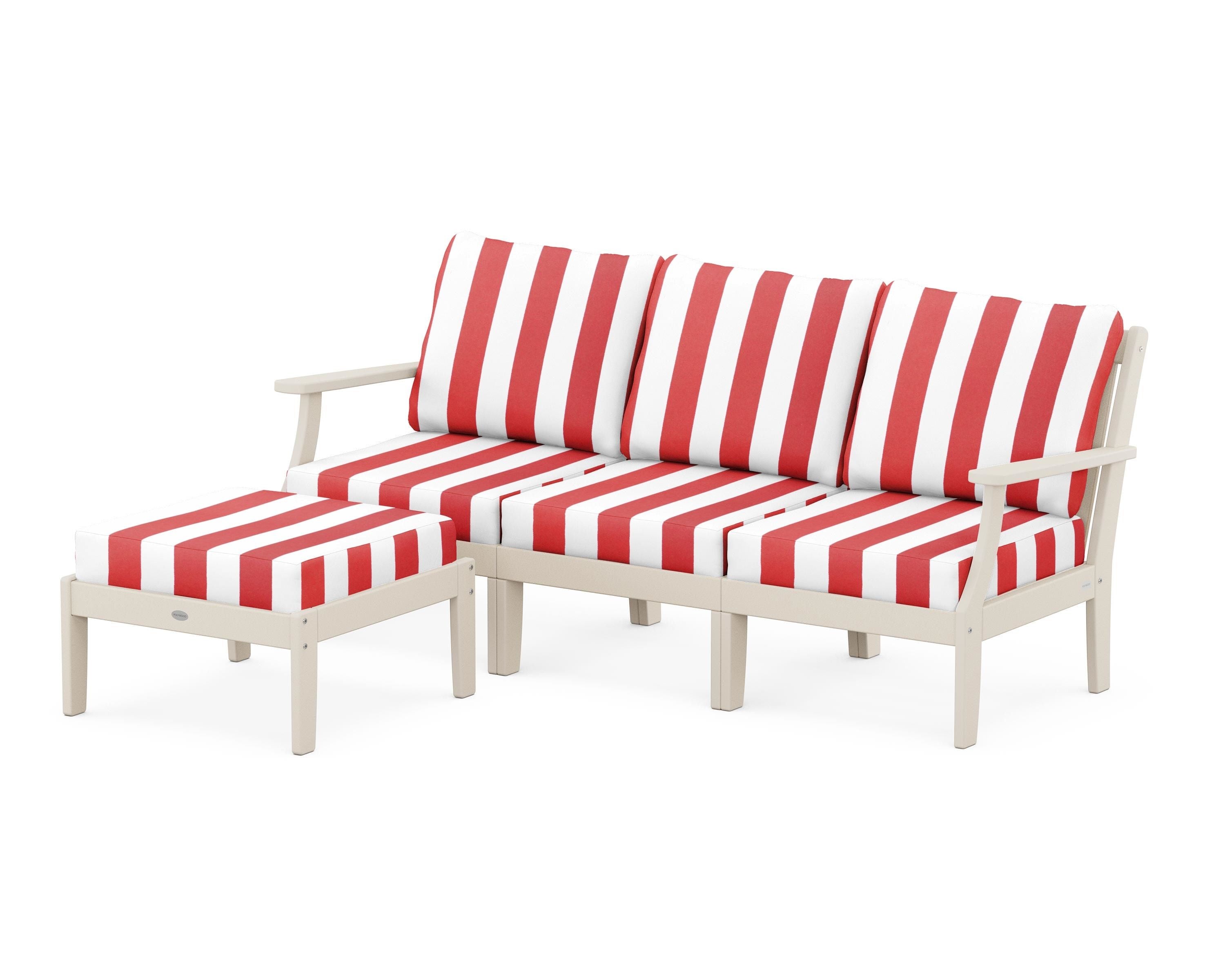 POLYWOOD® Braxton Modular 4-Piece Deep Seating Set with Ottoman in Sand / Cabana Stripe Crimson