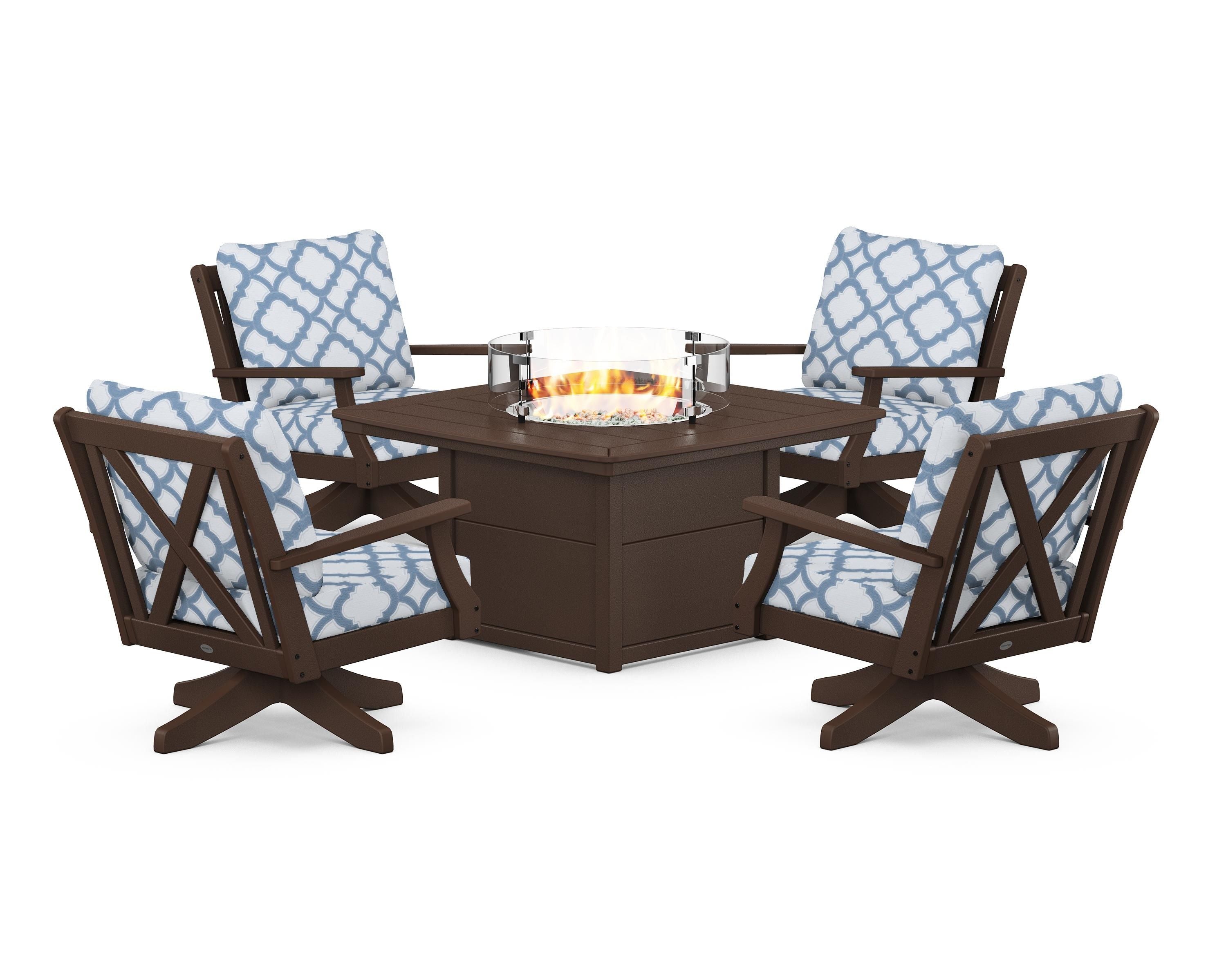 POLYWOOD® Braxton 5-Piece Deep Seating Swivel Conversation Set with Fire Pit Table in Mahogany / Trellis Sky Blue