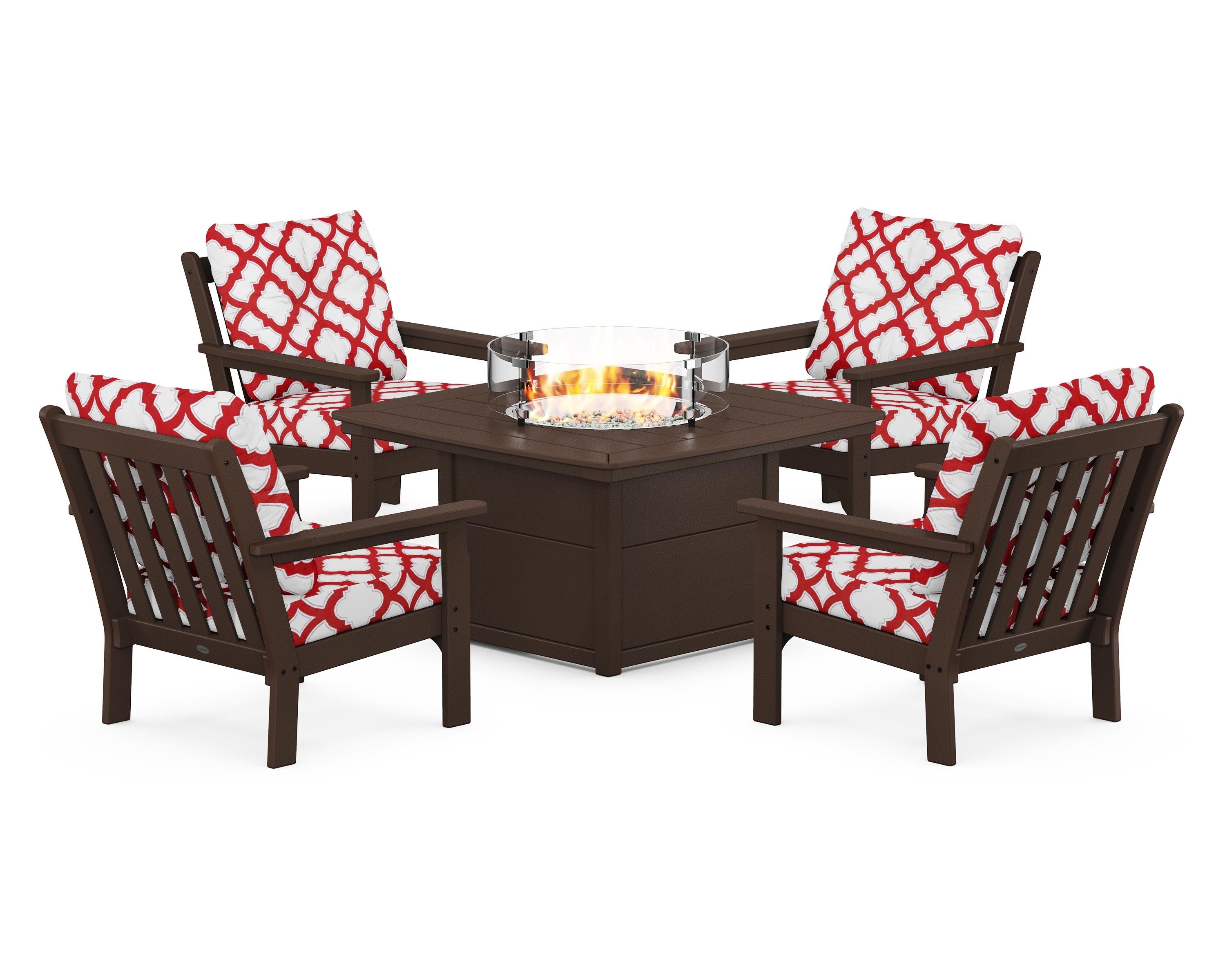 POLYWOOD® Vineyard 5-Piece Conversation Set with Fire Pit Table in Mahogany / Trellis Crimson