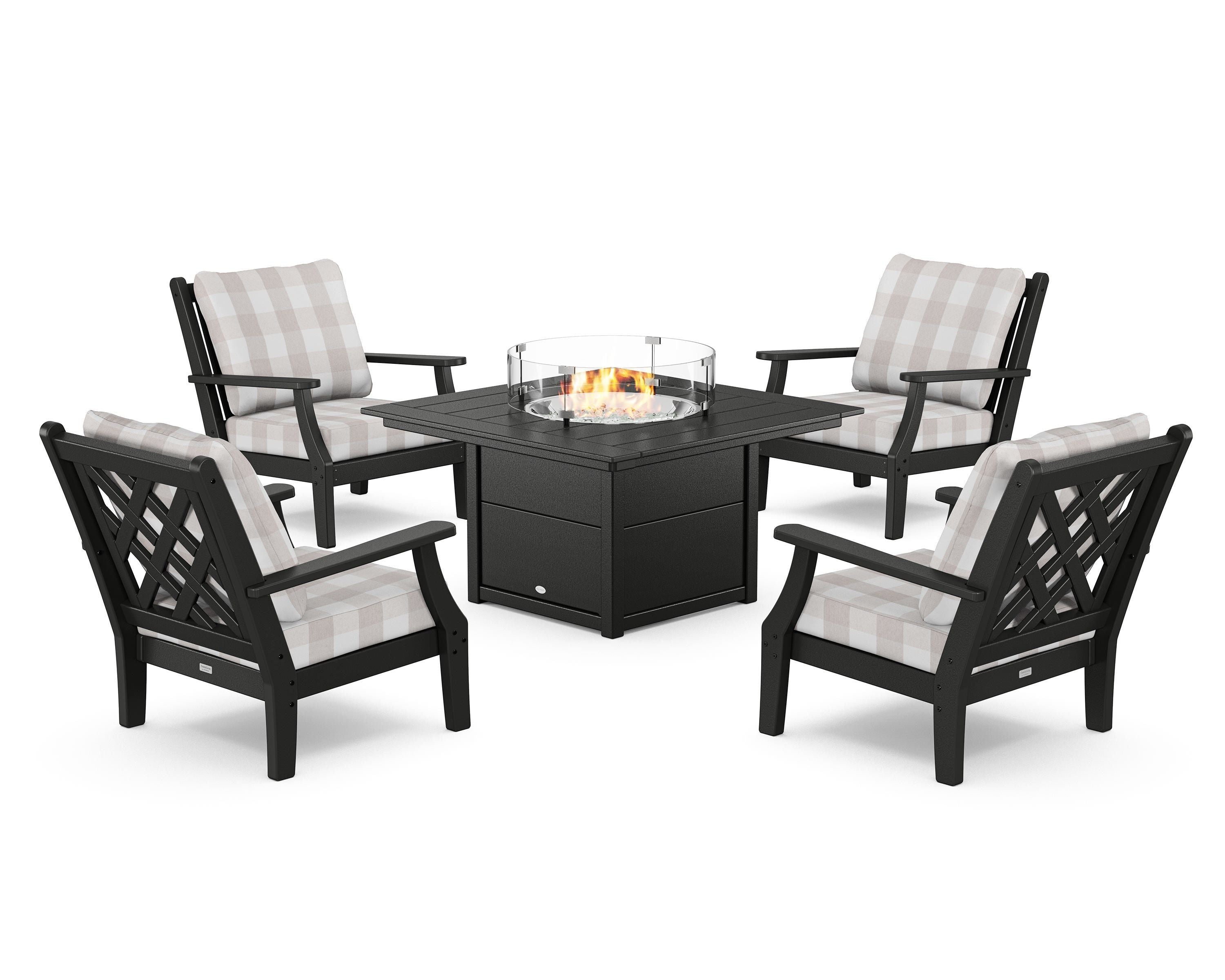 Country Living Wovendale 5-Piece Deep Seating Set with Fire Pit Table in Black / Buffalo Plaid Dune Burlap