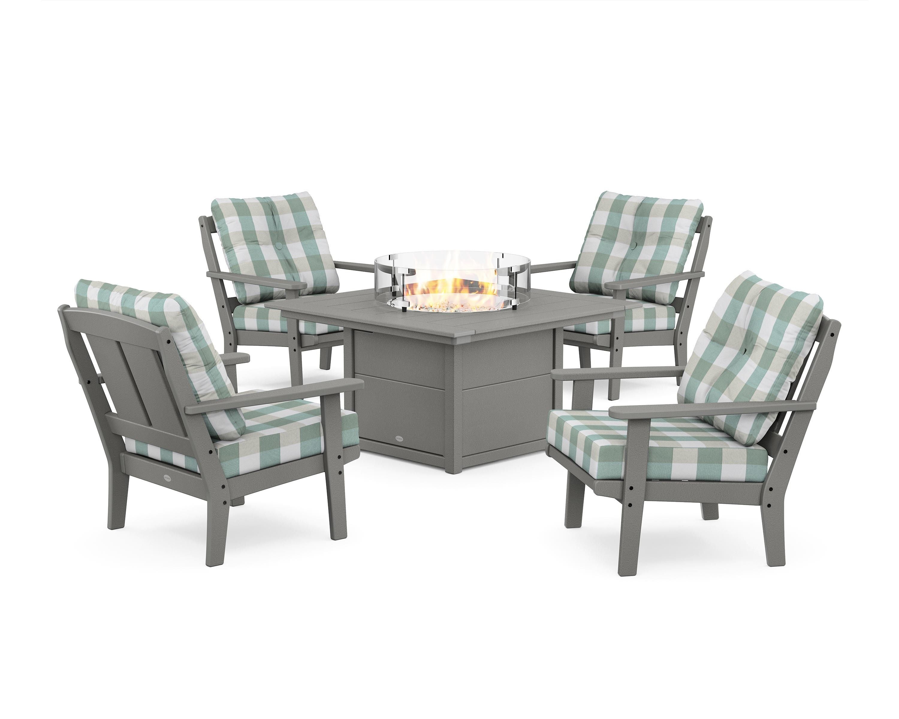 POLYWOOD® Mission 5-Piece Deep Seating Set with Fire Pit Table in Slate Grey / Buffalo Plaid Glacier Spa