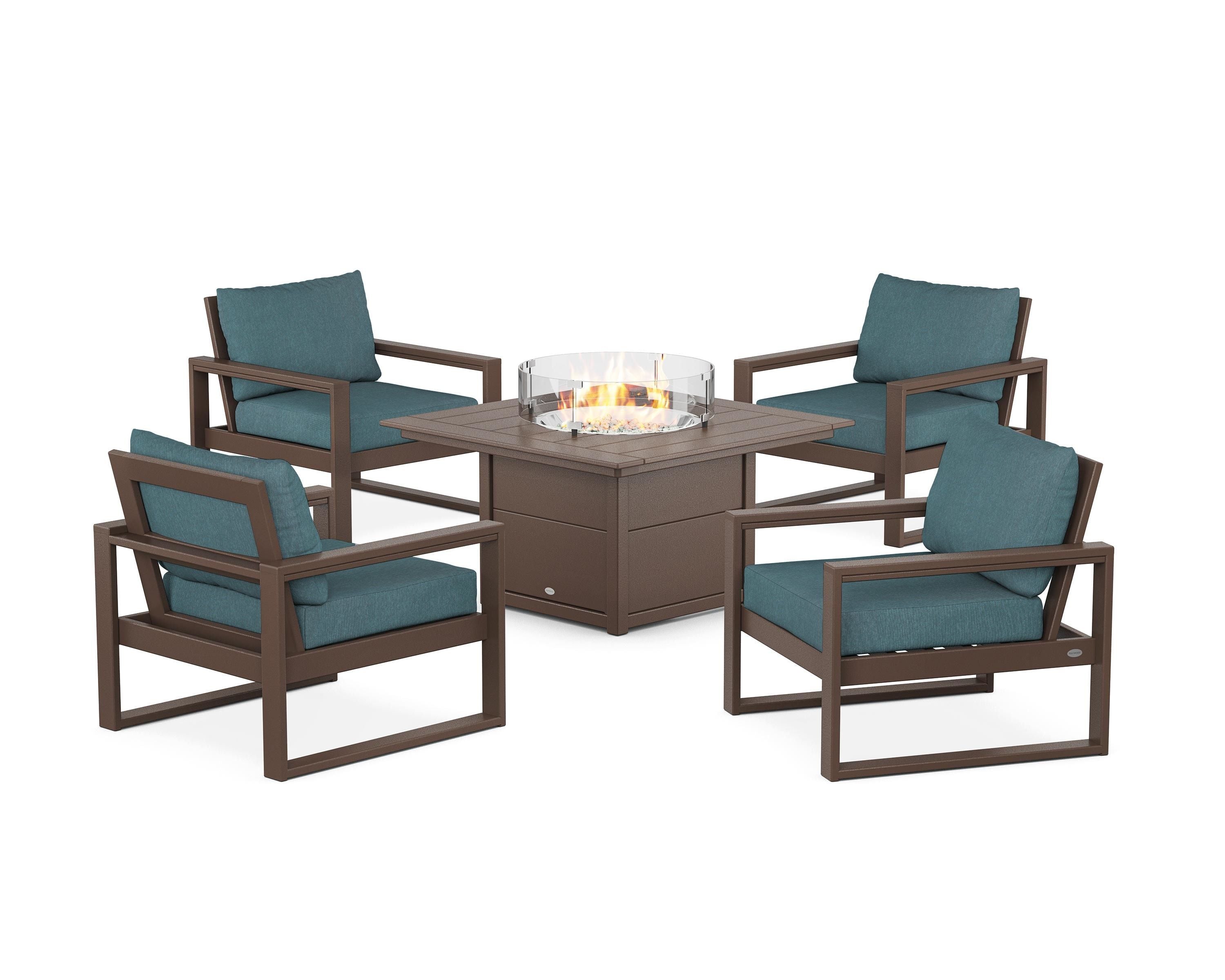 POLYWOOD® EDGE Sectional 5-Piece Deep Seating Set with Fire Pit Table in Mahogany / Ocean Teal