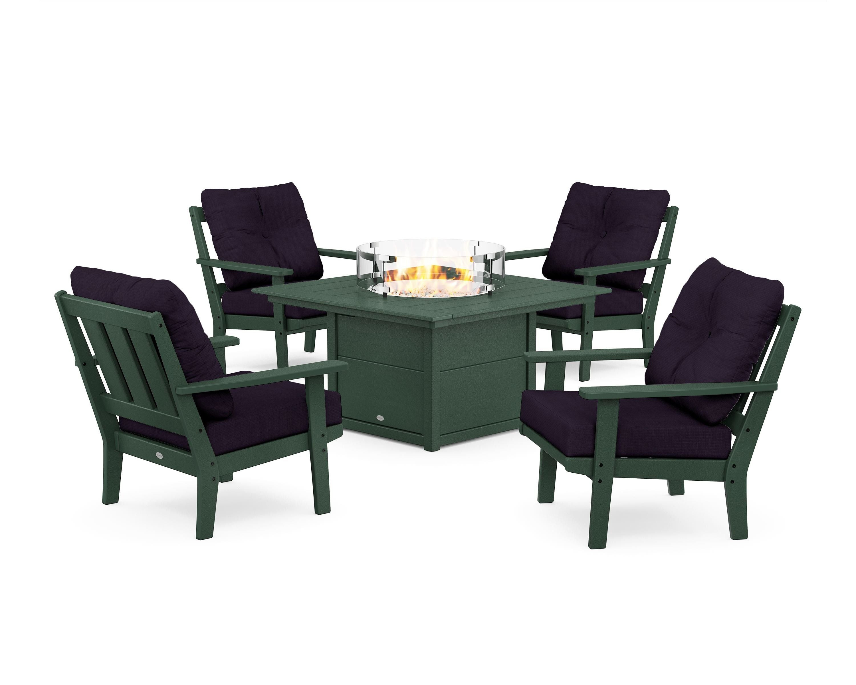 POLYWOOD® Oxford 5-Piece Deep Seating Set with Fire Pit Table in Green / Navy Linen