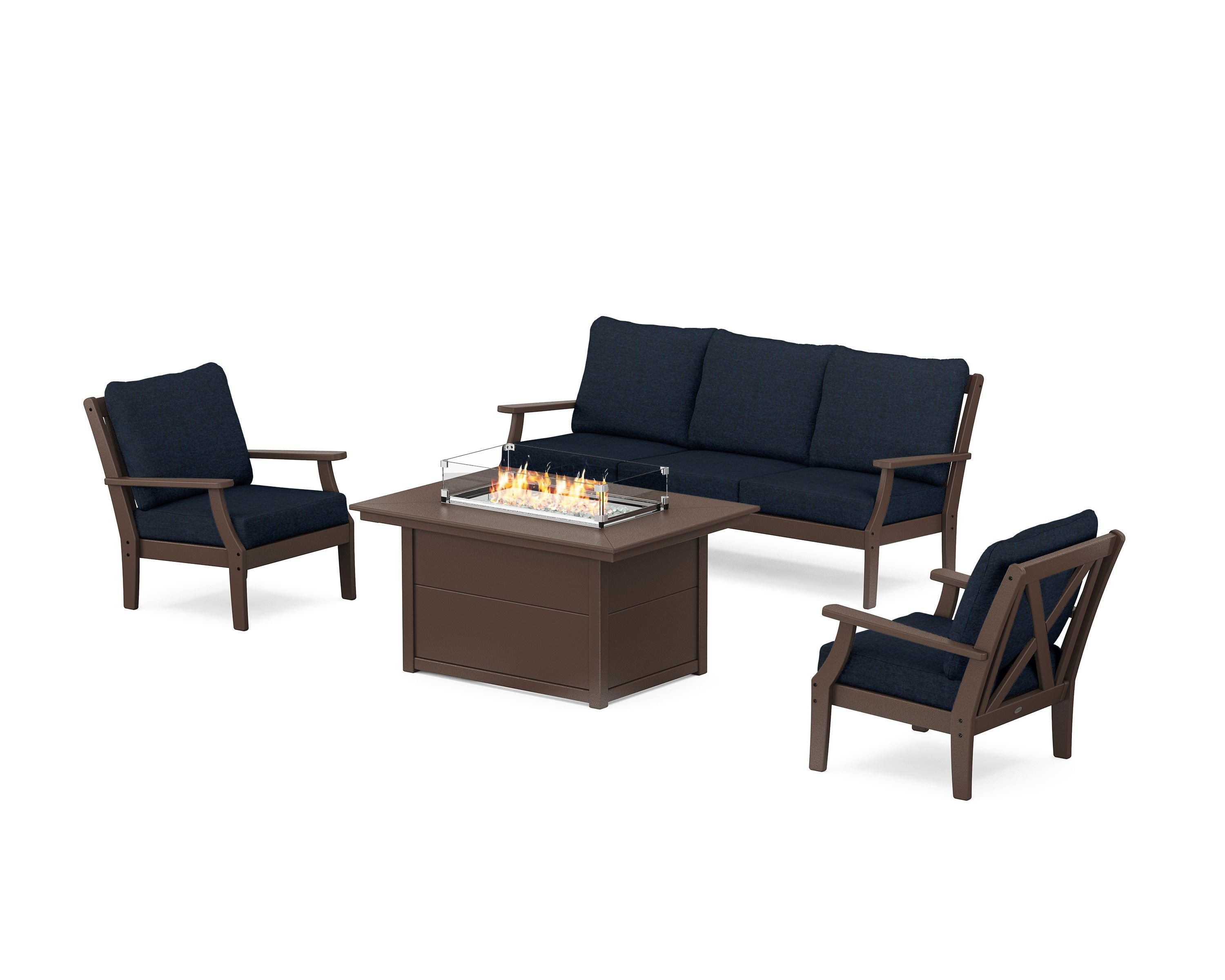 POLYWOOD® Braxton Deep Seating Fire Pit Table Set in Mahogany / Marine Indigo
