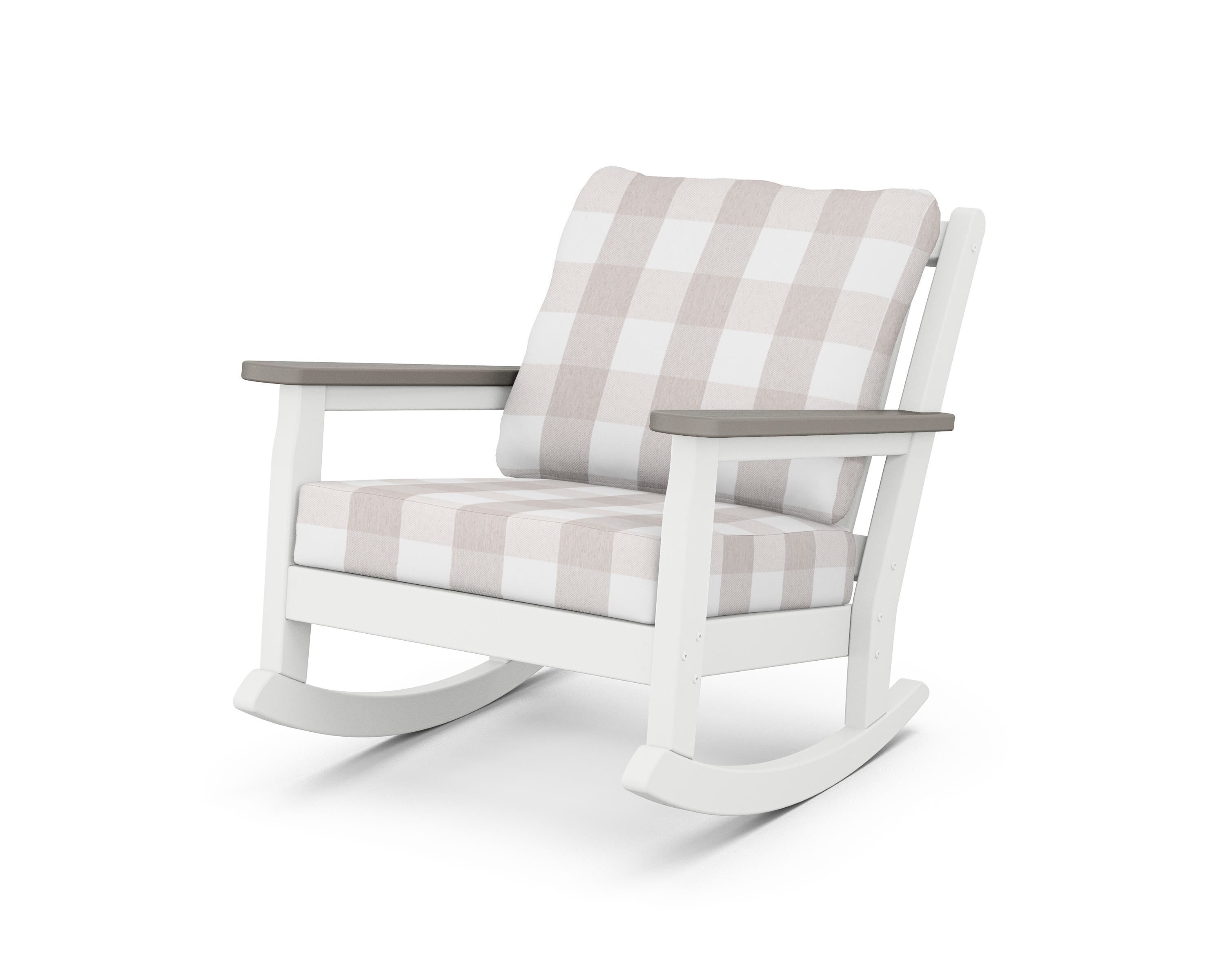 POLYWOOD® Chippendale Deep Seating Rocking Chair in White / Driftwood / Buffalo Plaid Dune Burlap