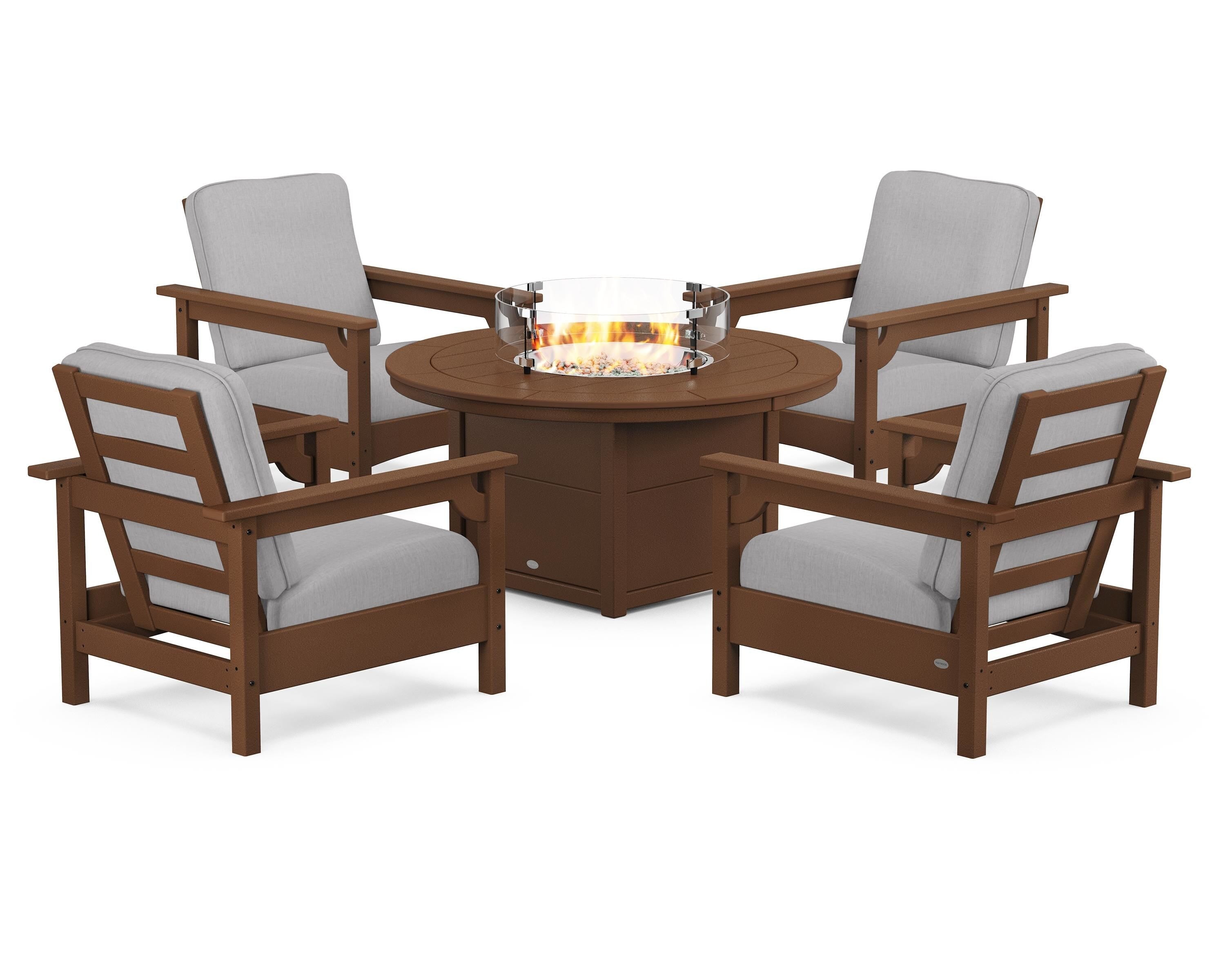 POLYWOOD® Club 5-Piece Conversation Set with Fire Pit Table in Teak / Granite