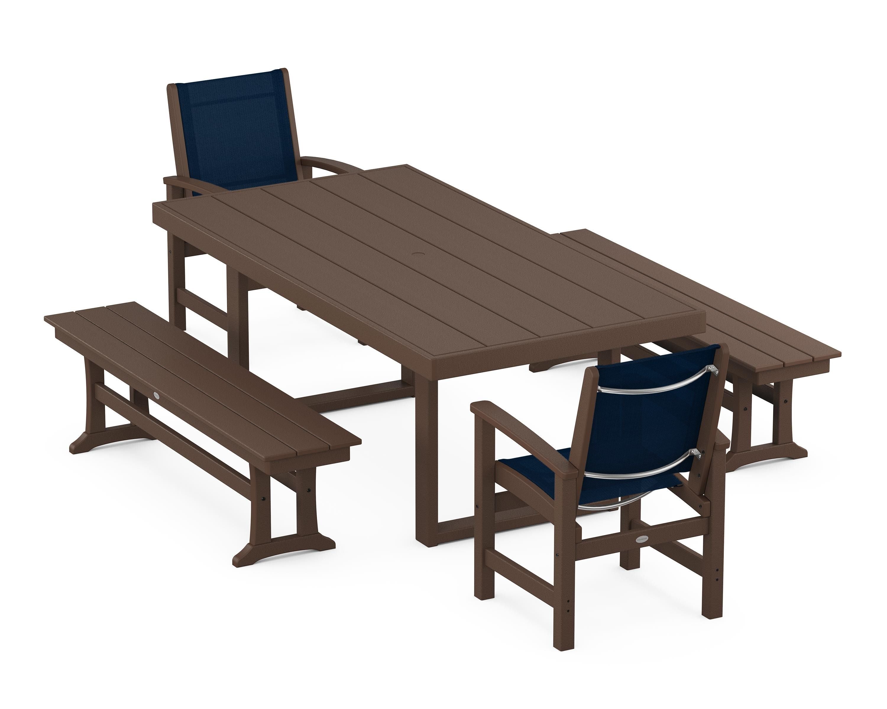 POLYWOOD® Coastal 5-Piece Dining Set with Trestle Legs in Mahogany / Navy Blue Sling