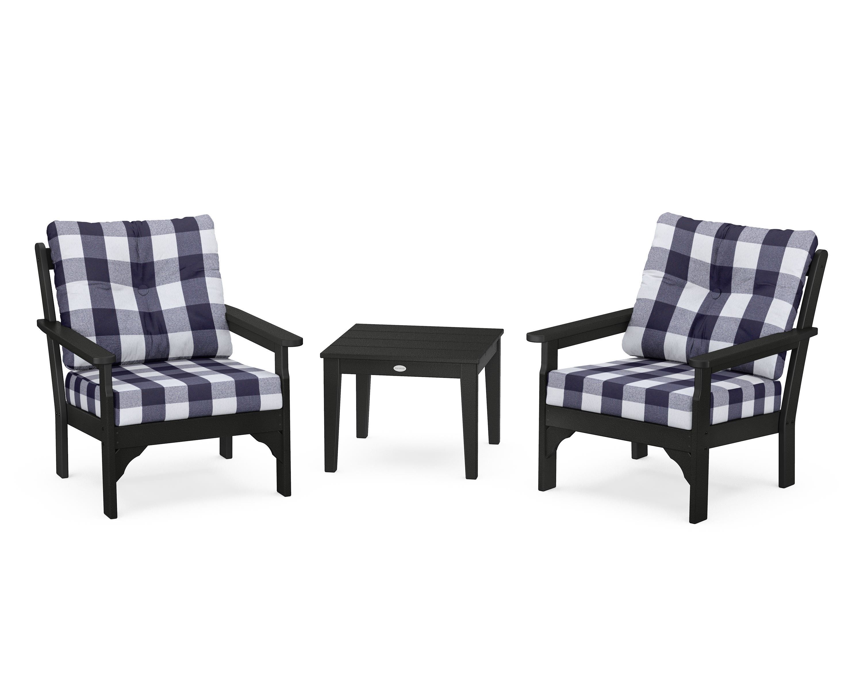 POLYWOOD® Vineyard 3-Piece Deep Seating Set in Black / Buffalo Plaid Navy