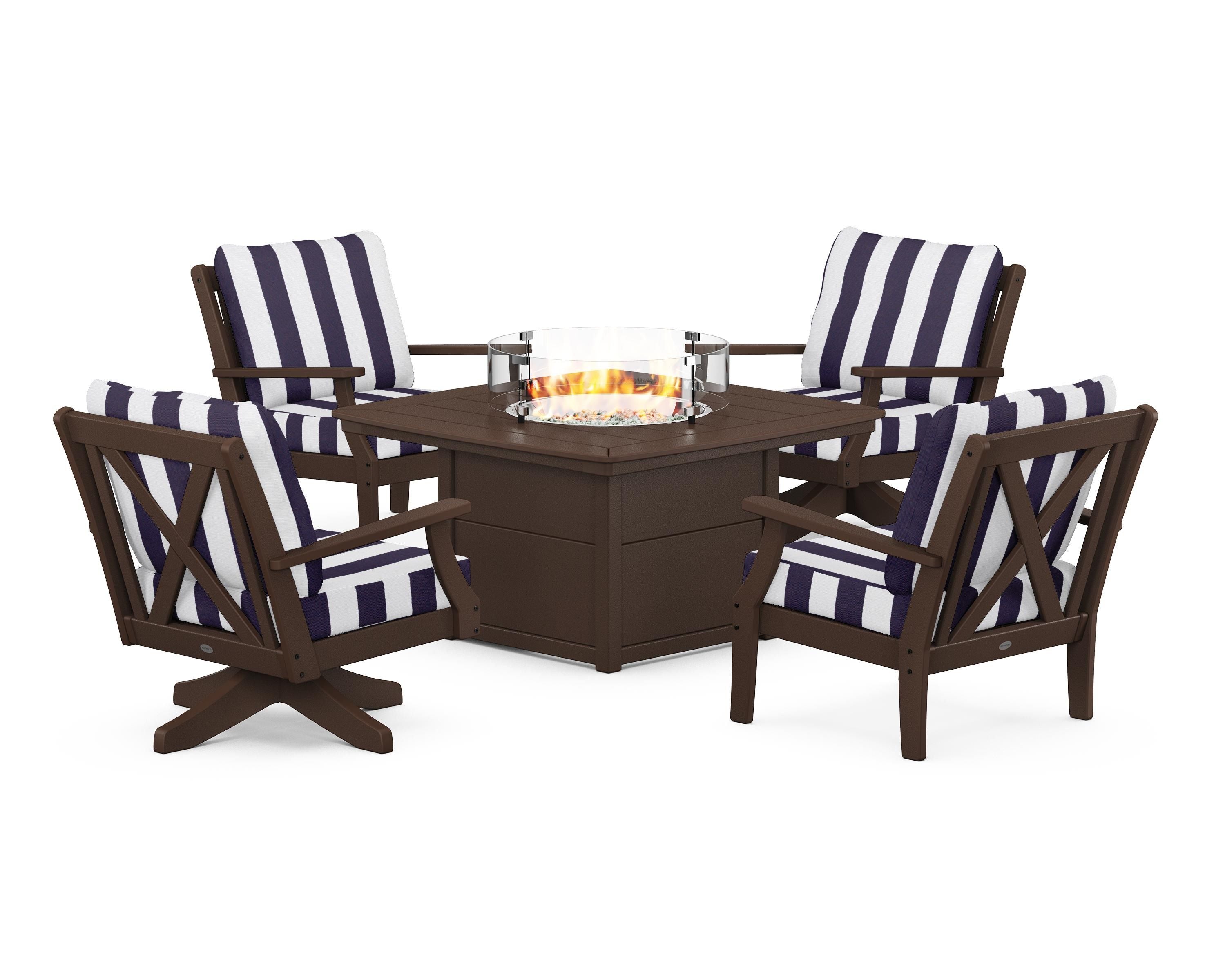 POLYWOOD® Braxton 5-Piece Deep Seating Set with Fire Table in Mahogany / Cabana Stripe Navy