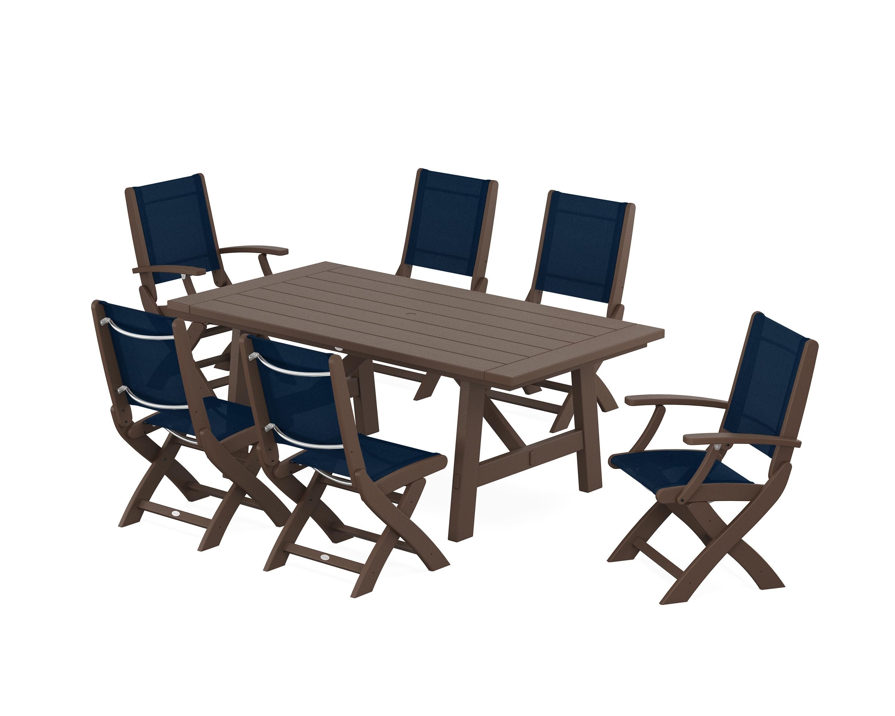POLYWOOD® Coastal Folding Chair 7-Piece Rustic Farmhouse Dining Set in Mahogany / Navy Blue Sling