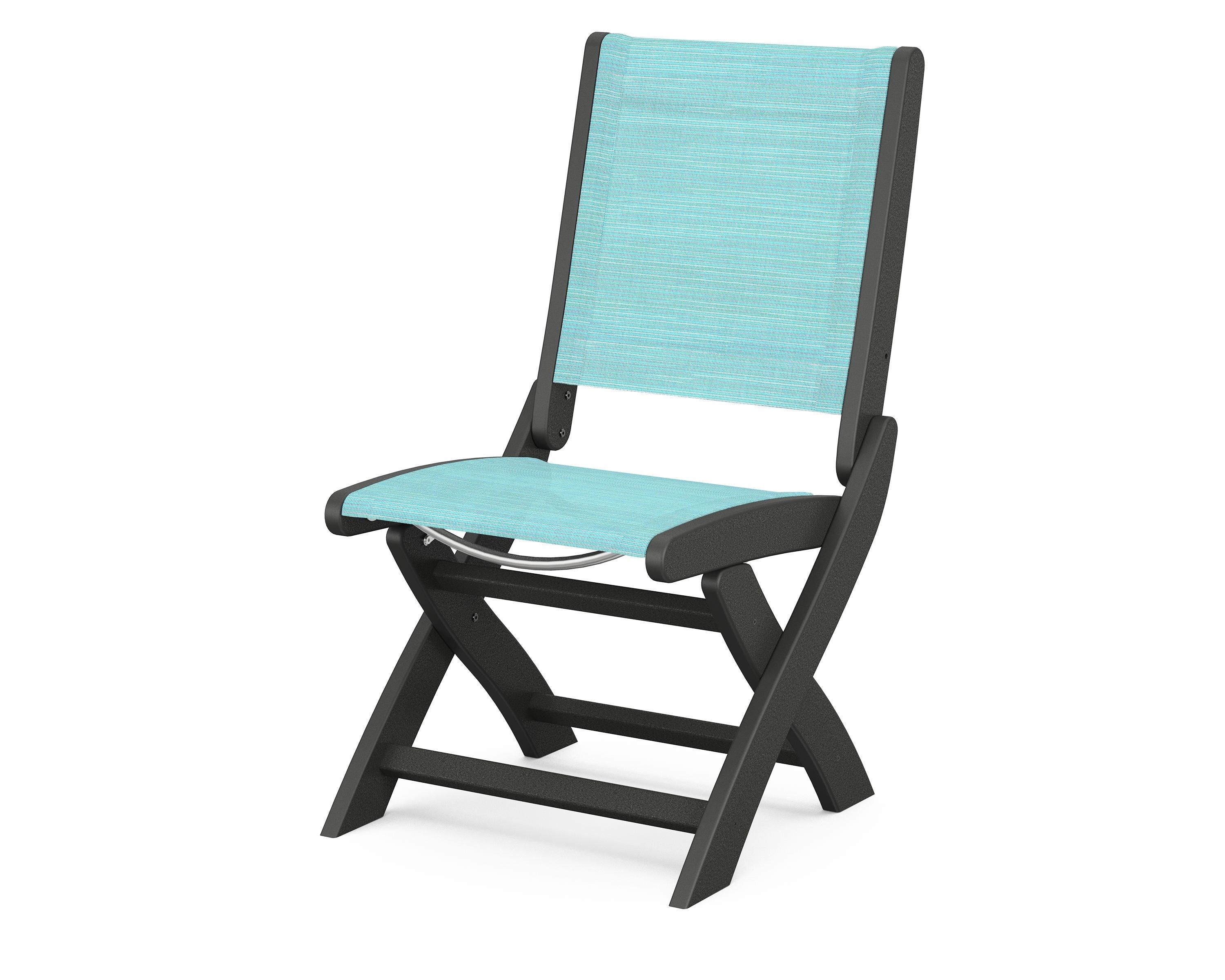 POLYWOOD® Coastal Folding Side Chair in Black / Dupioni Aquamarine Sling