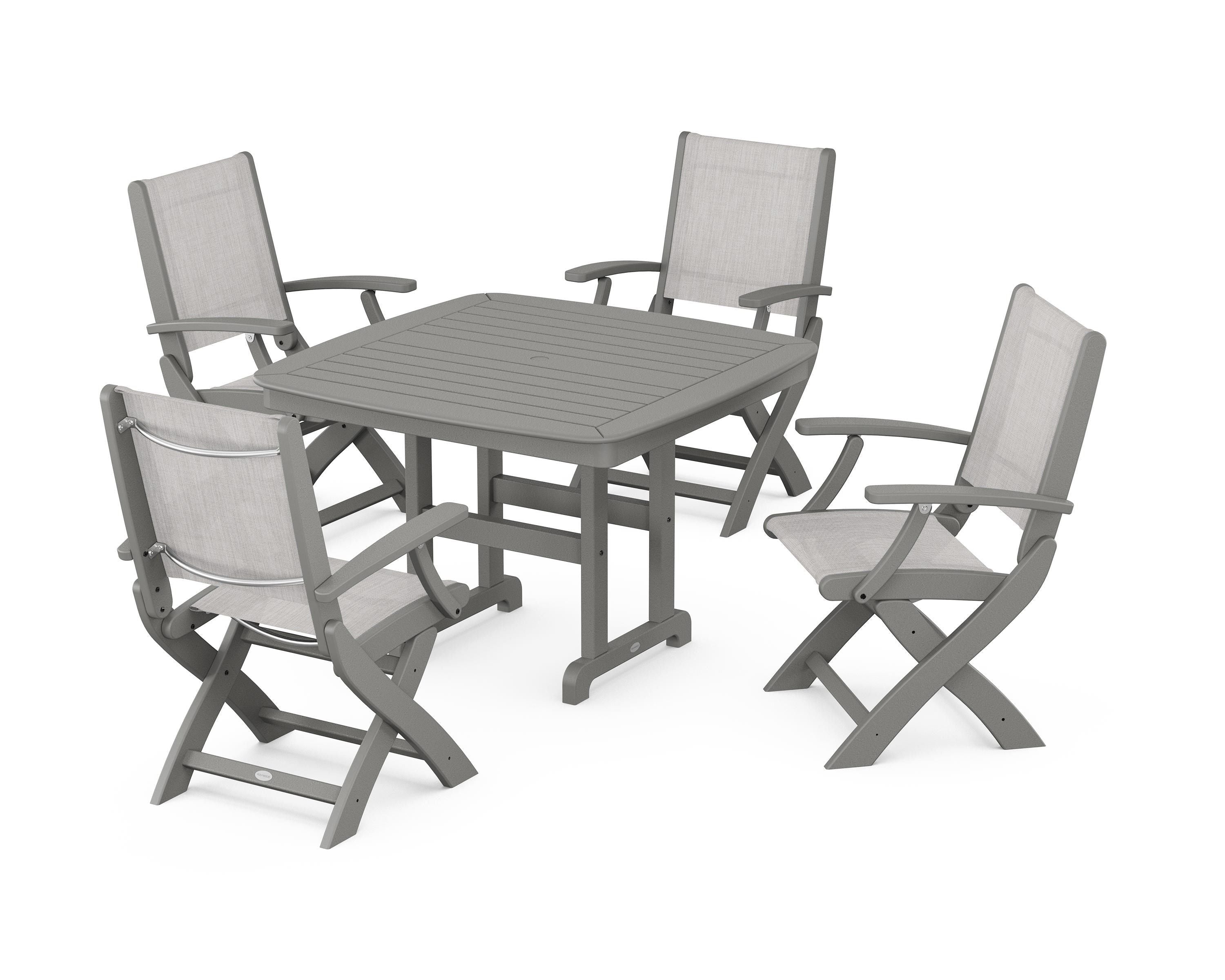 POLYWOOD® Coastal Folding Chair 5-Piece Dining Set in Slate Grey / Parchment Sling
