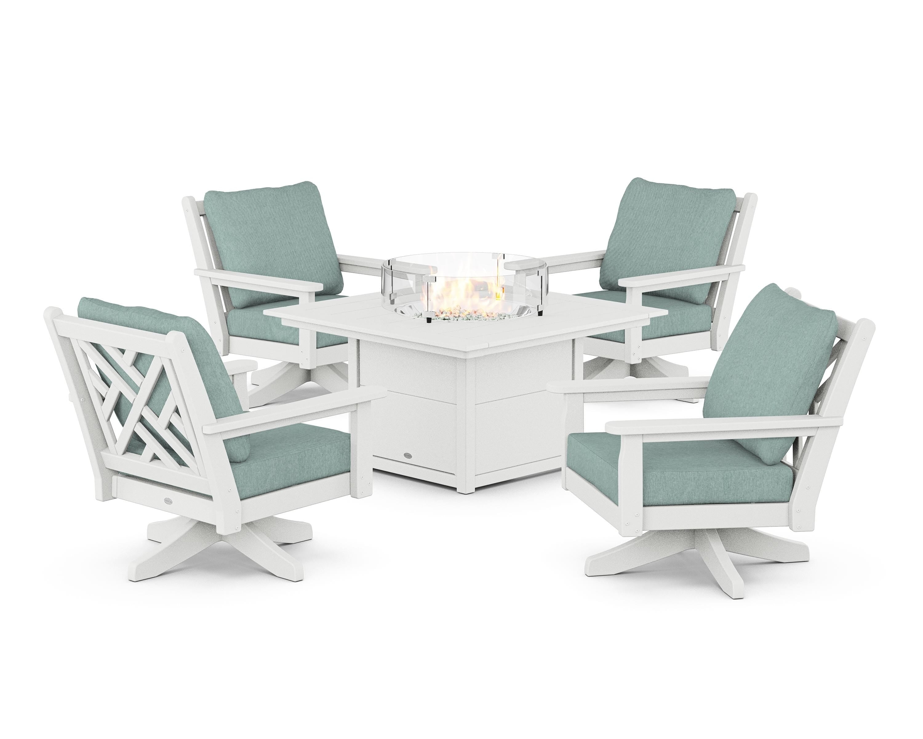 POLYWOOD® Chippendale 5-Piece Deep Seating Swivel Conversation Set with Fire Pit Table in White / Glacier Spa