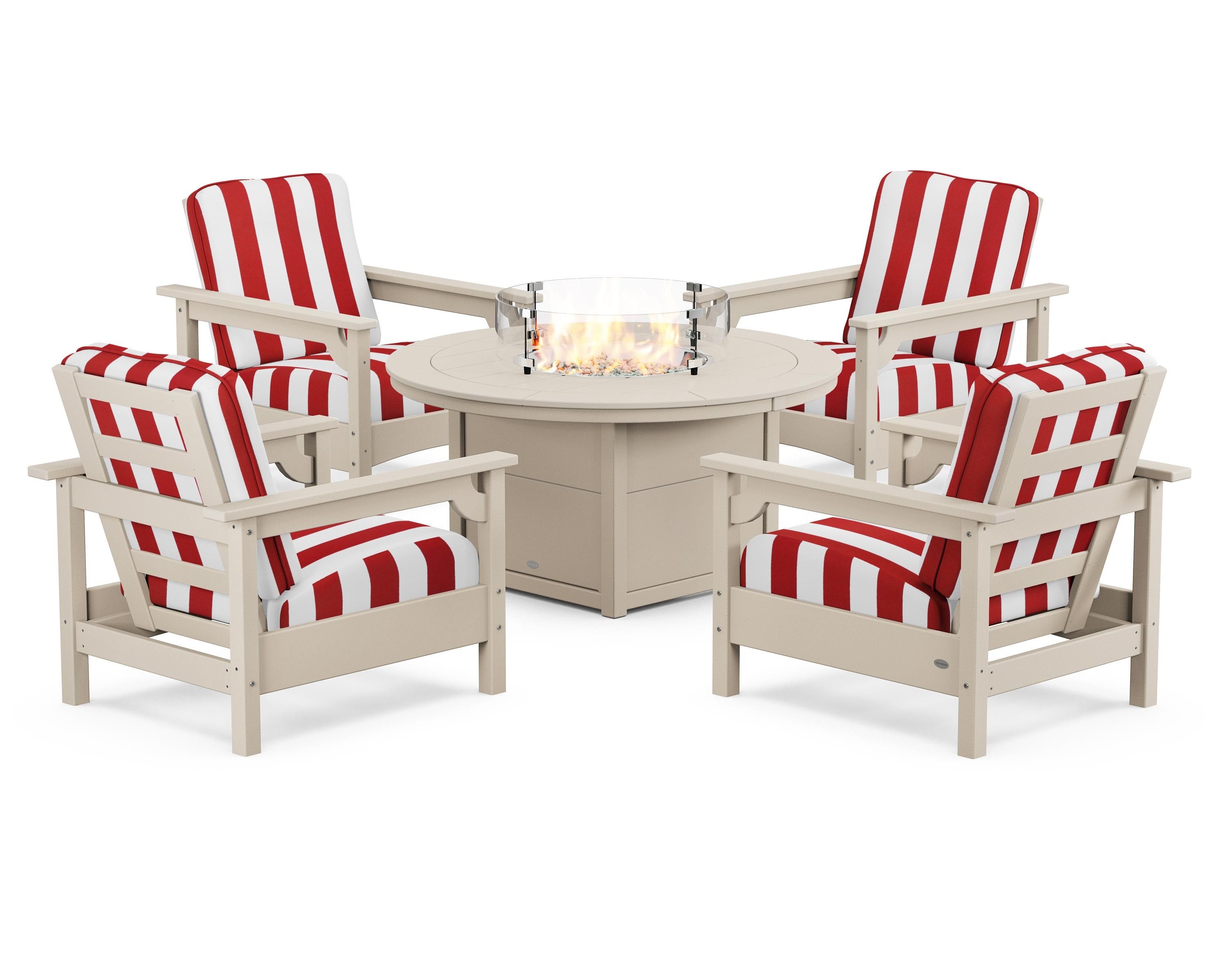 POLYWOOD® Club 5-Piece Conversation Set with Fire Pit Table in Sand / Cabana Stripe Crimson