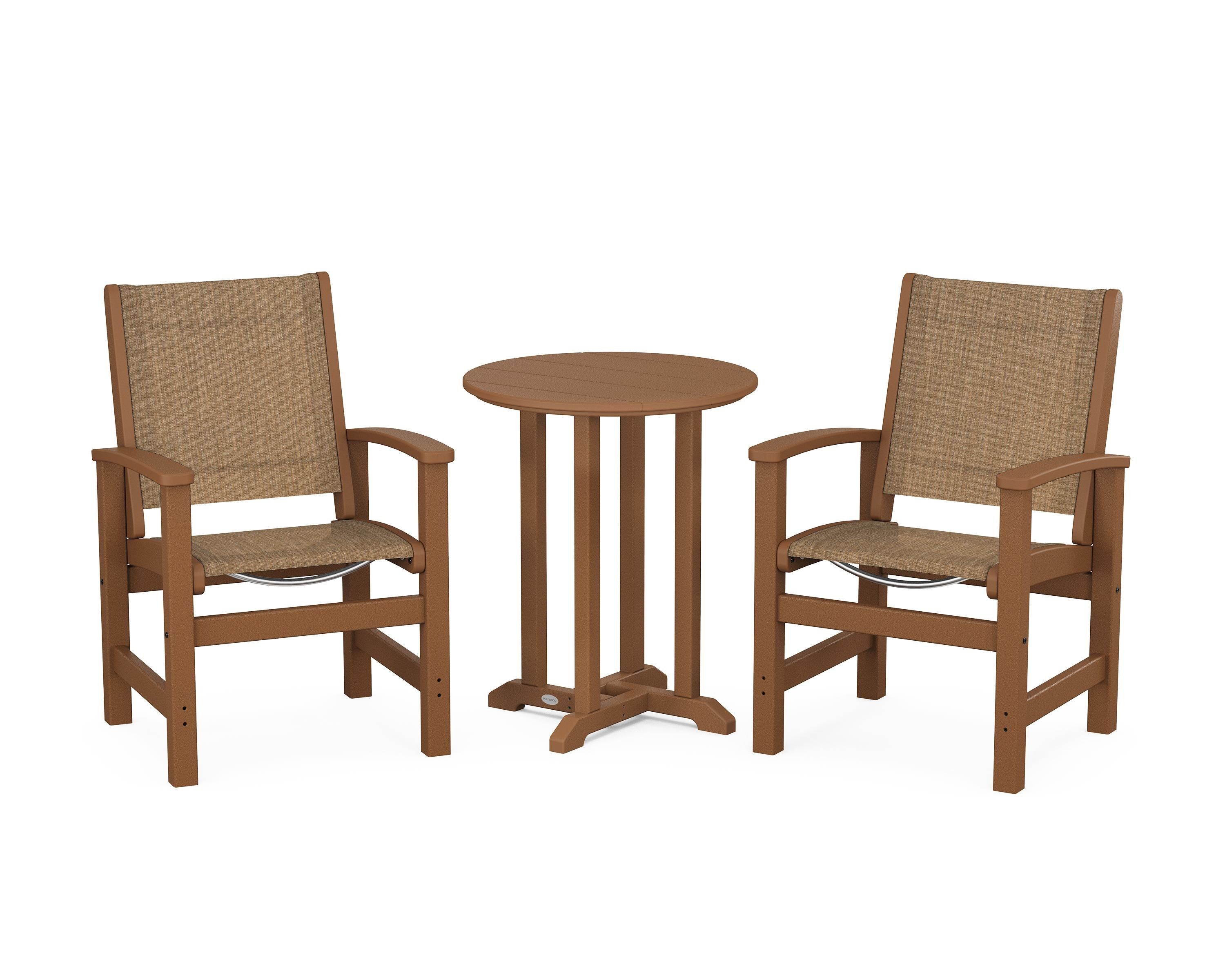 POLYWOOD® Coastal 3-Piece Round Bistro Dining Set in Teak / Burlap Sling