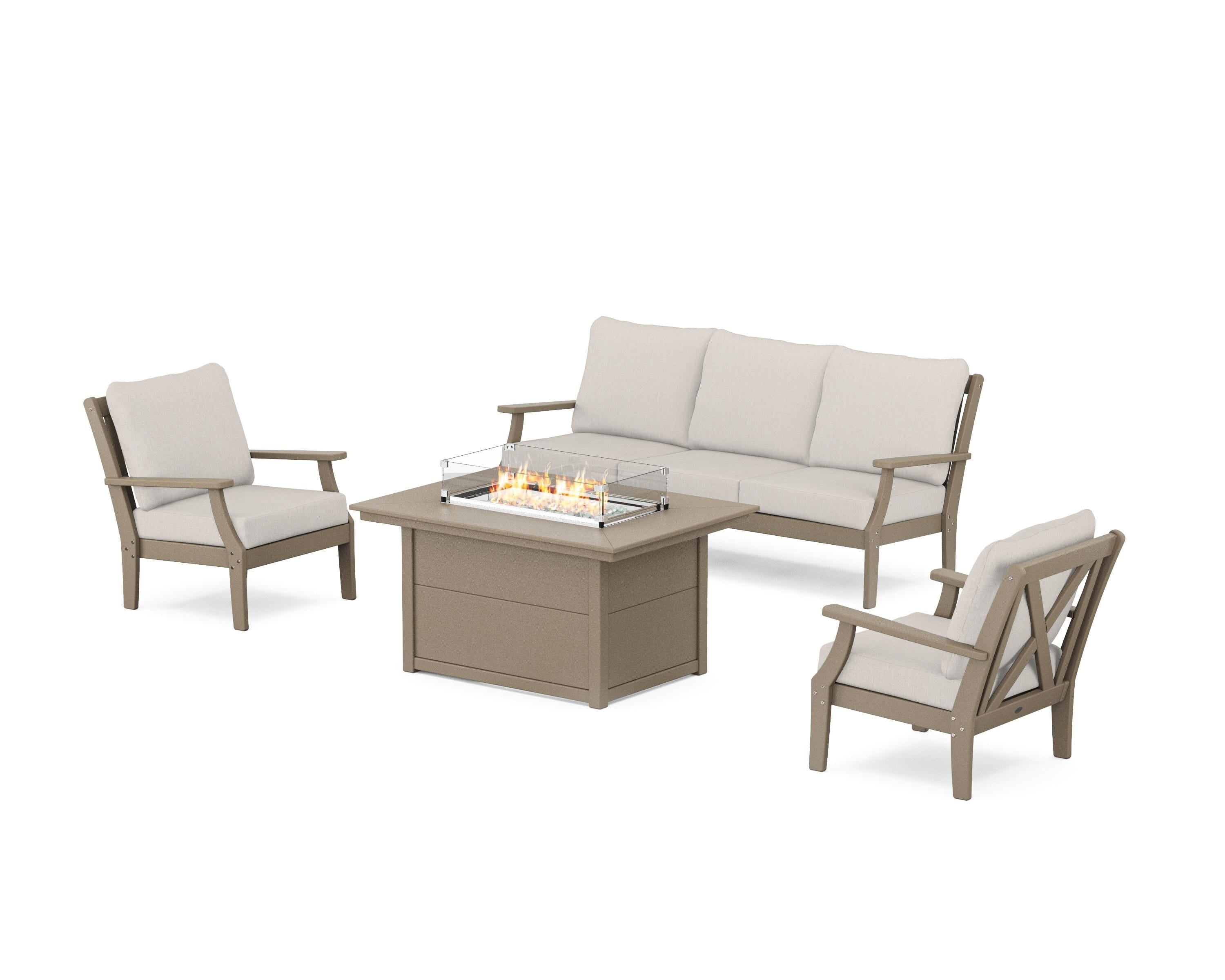 POLYWOOD® Braxton Deep Seating Fire Pit Table Set in Vintage Sahara / Cast Ash
