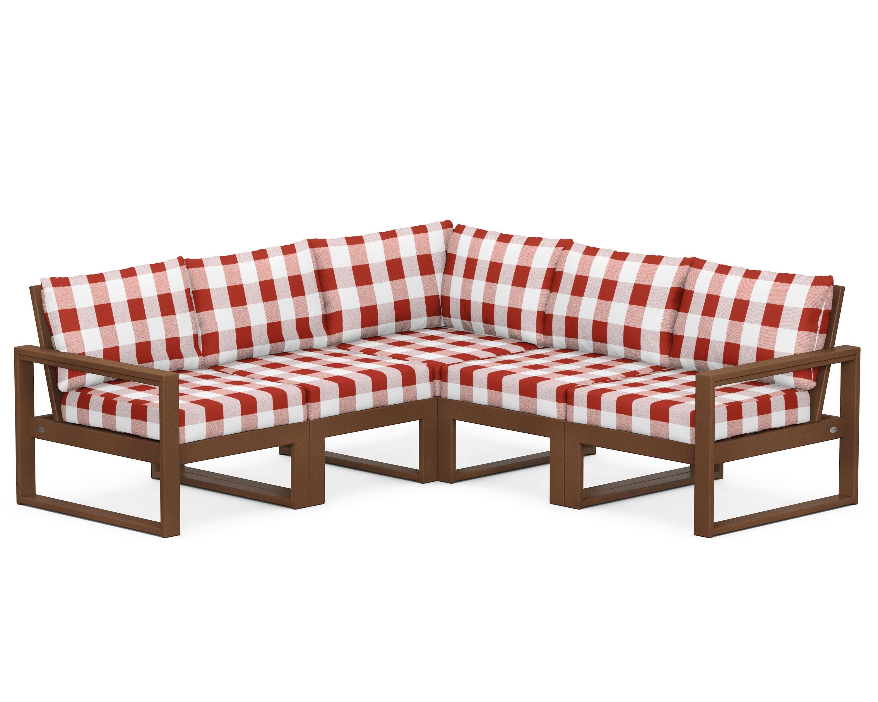 POLYWOOD® EDGE 5-Piece Modular Deep Seating Set in Teak / Buffalo Plaid Crimson