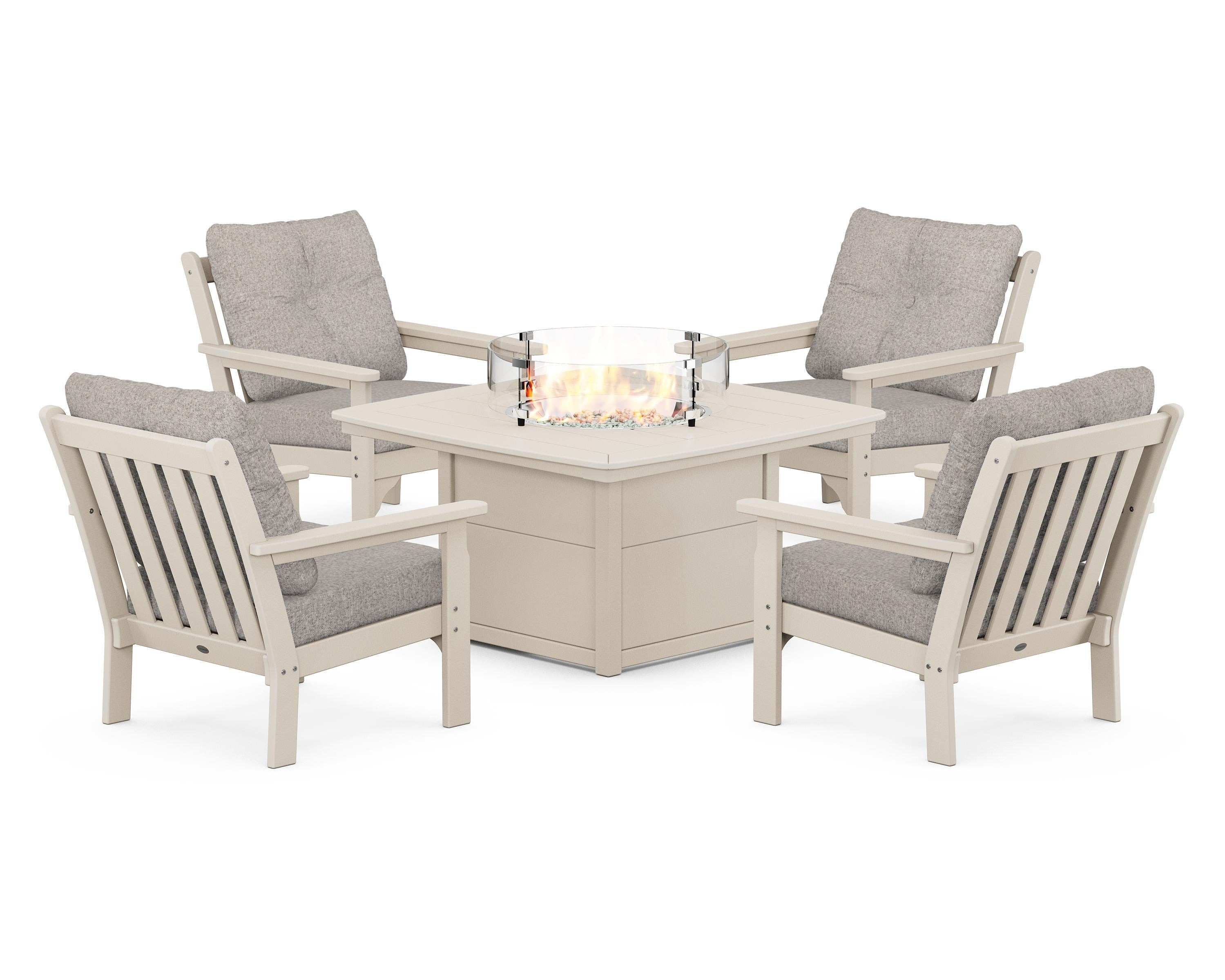 POLYWOOD® Vineyard 5-Piece Conversation Set with Fire Pit Table in Sand / Weathered Tweed