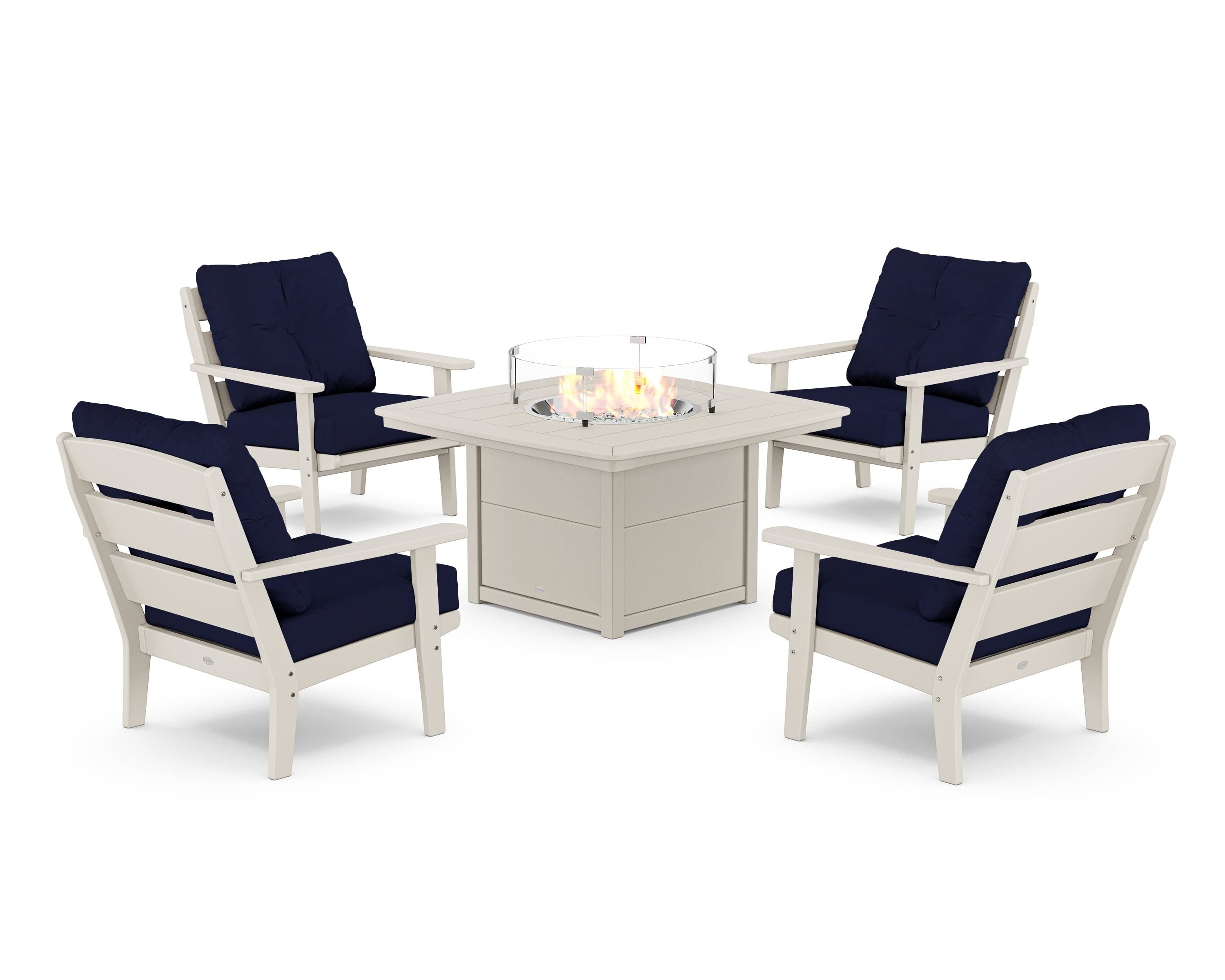 POLYWOOD® Lakeside 5-Piece Deep Seating Set with Nautical Fire Pit Table in Sand / Navy