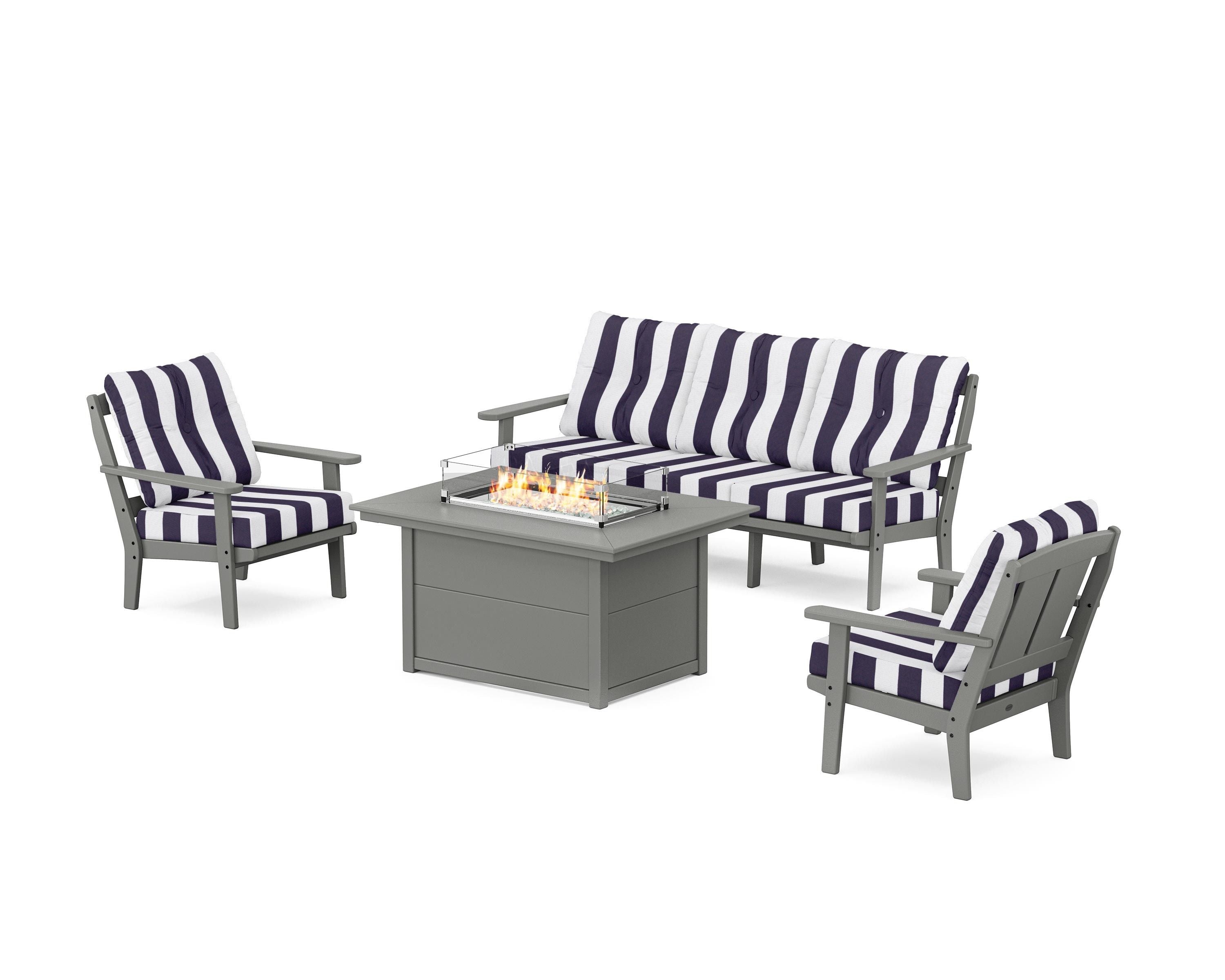 POLYWOOD® Mission Deep Seating Fire Pit Table Set in Slate Grey / Cabana Stripe Navy