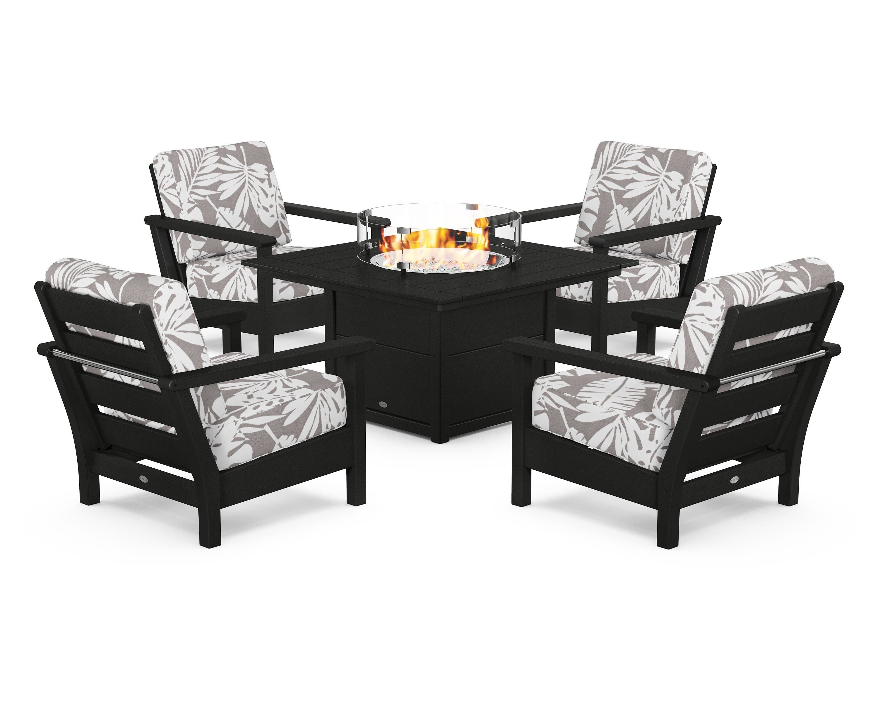 POLYWOOD® Harbour 5-Piece Conversation Set with Fire Pit Table in Black / Leaf Grey Mist