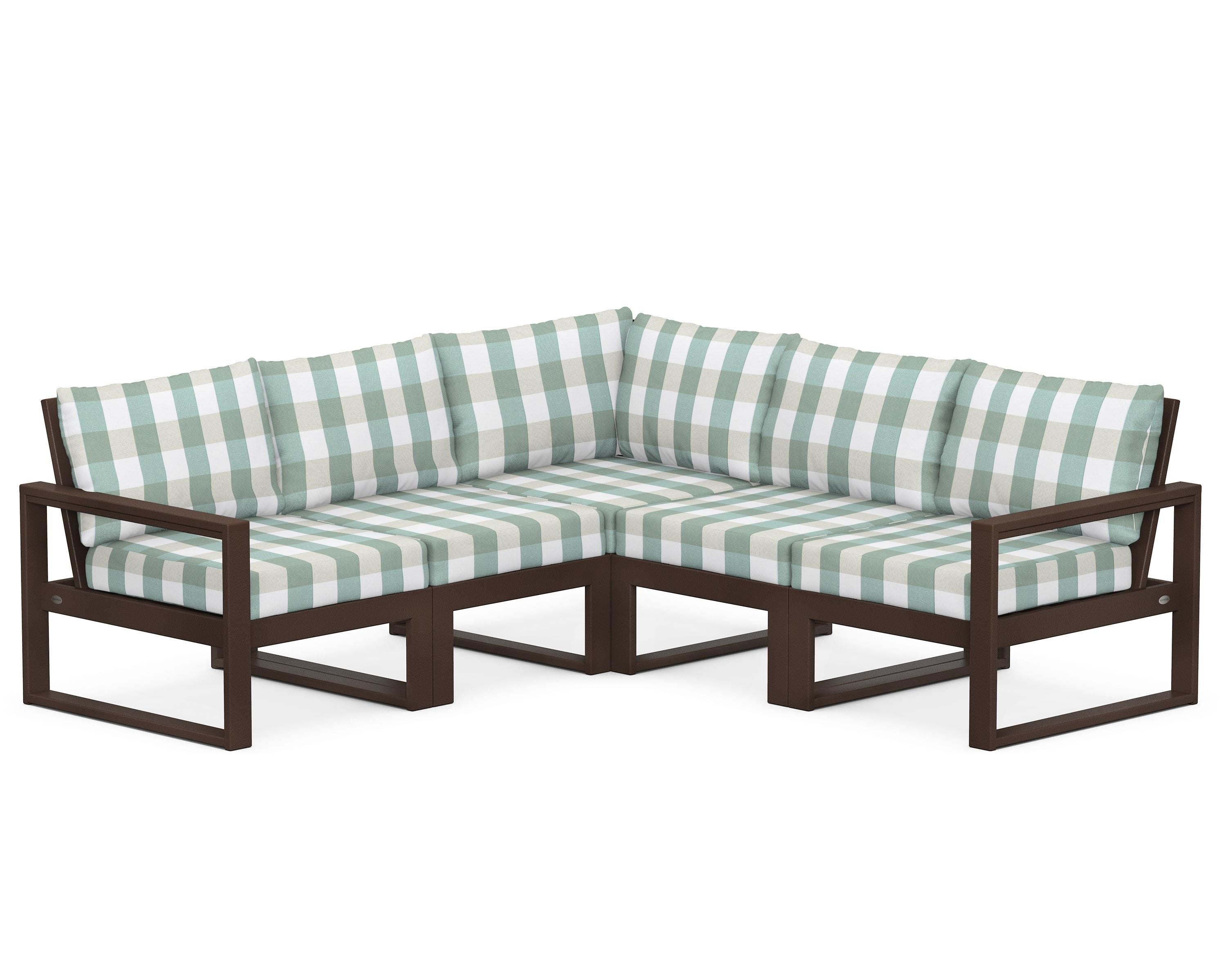 POLYWOOD® EDGE 5-Piece Modular Deep Seating Set in Mahogany / Buffalo Plaid Glacier Spa