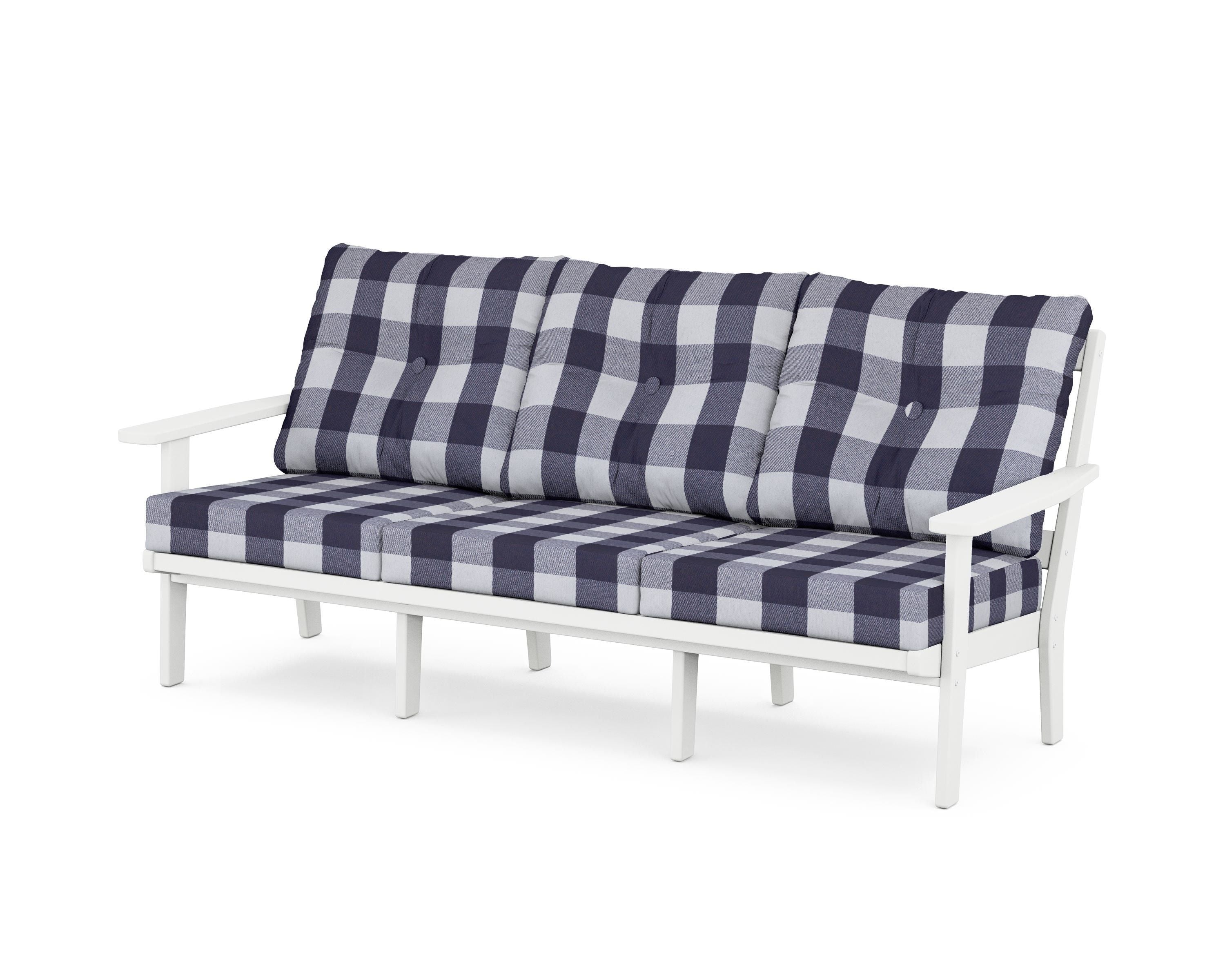 POLYWOOD® Oxford Deep Seating Sofa in White / Buffalo Plaid Navy