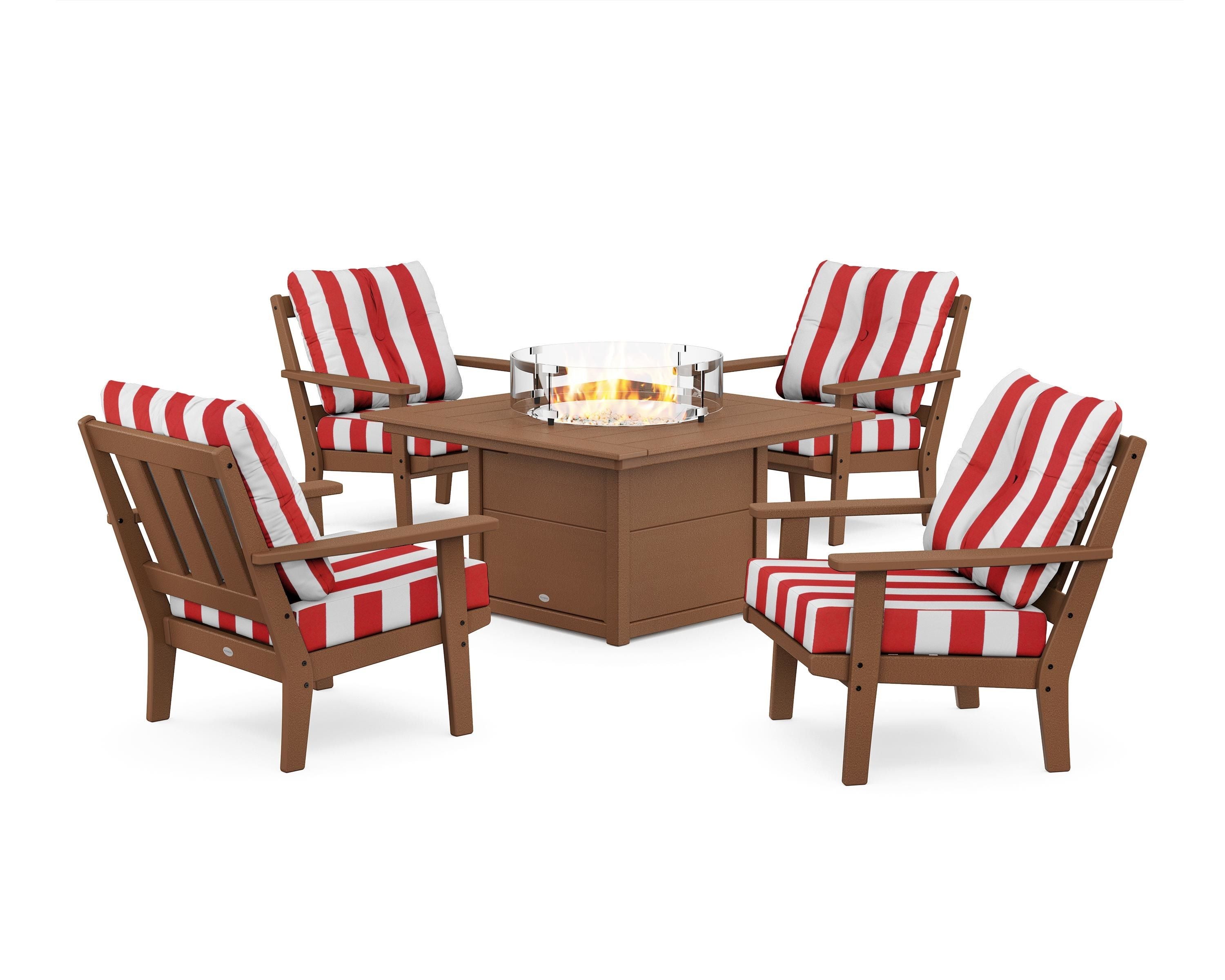 POLYWOOD® Oxford 5-Piece Deep Seating Set with Fire Pit Table in Teak / Cabana Stripe Crimson