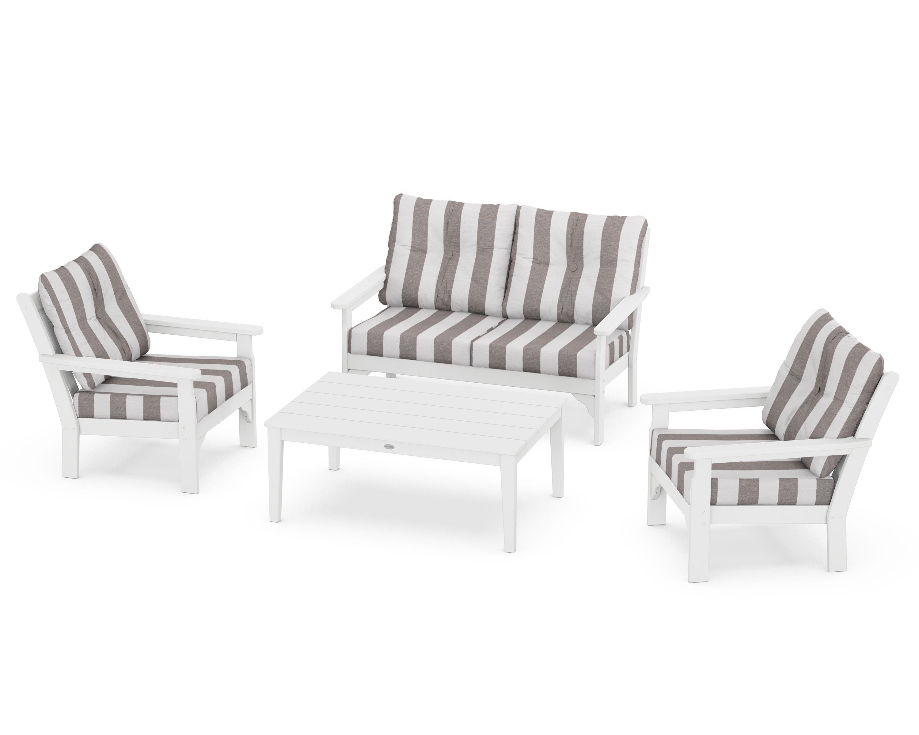 POLYWOOD® Vineyard 4-Piece Deep Seating Set in White / Cabana Stripe Grey Mist