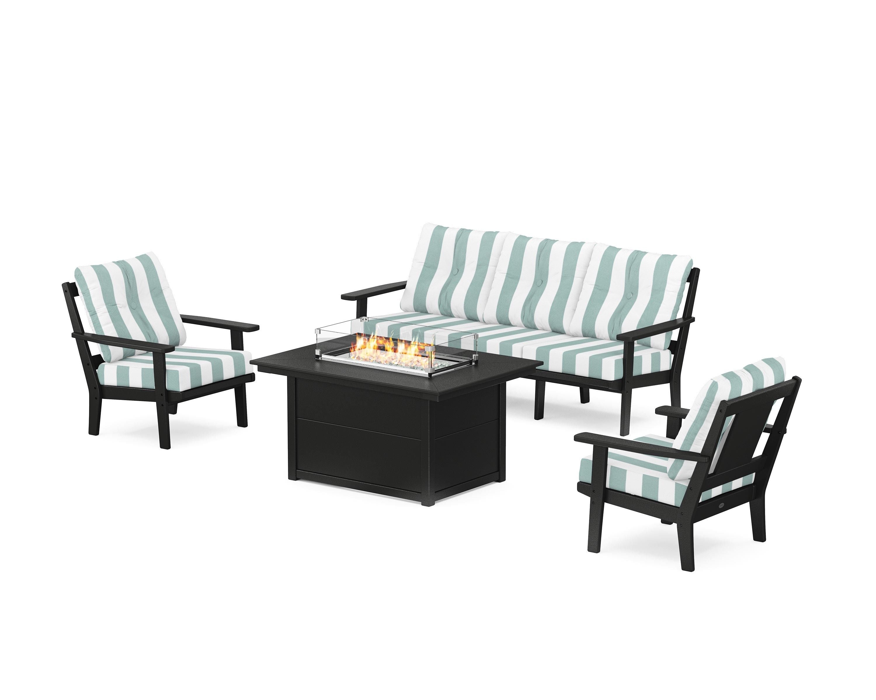 POLYWOOD® Prairie Deep Seating Fire Pit Table Set in Black / Cabana Stripe Glacier Spa