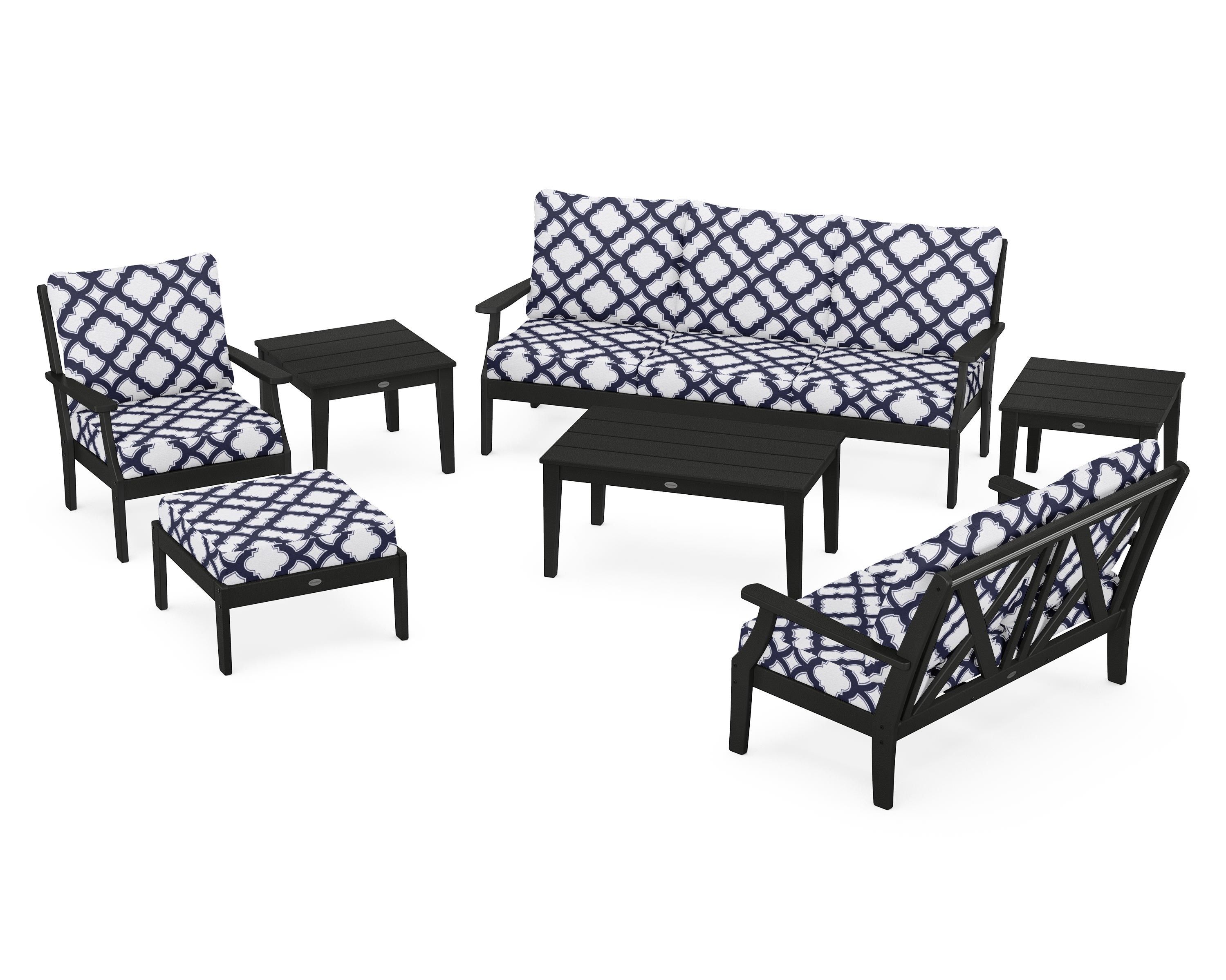 POLYWOOD® Braxton 7-Piece Deep Seating Set in Black / Trellis Navy