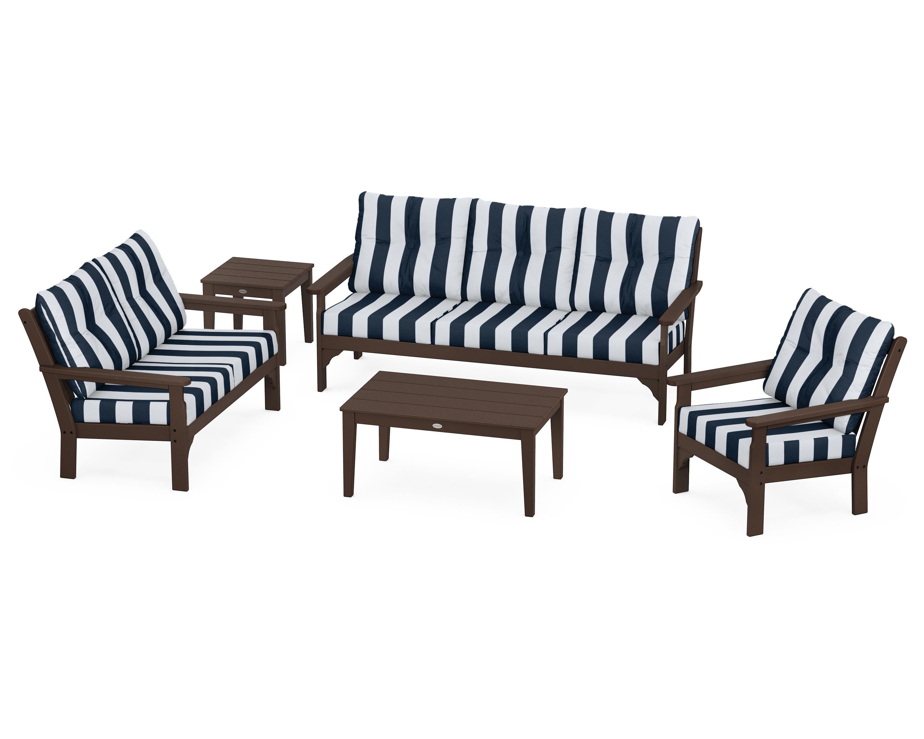 POLYWOOD® Vineyard 5 Piece Deep Seating Set in Mahogany / Cabana Stripe Marine Indigo