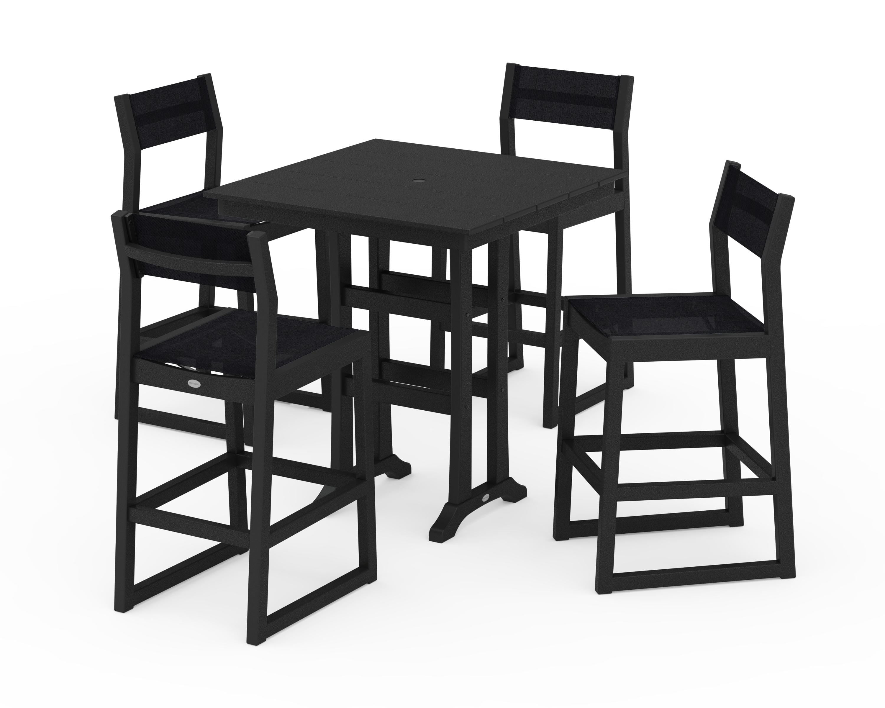 POLYWOOD® EDGE Sling Arm Chair 5-Piece Farmhouse Bar Set with Trestle Legs in Black / Black Sling