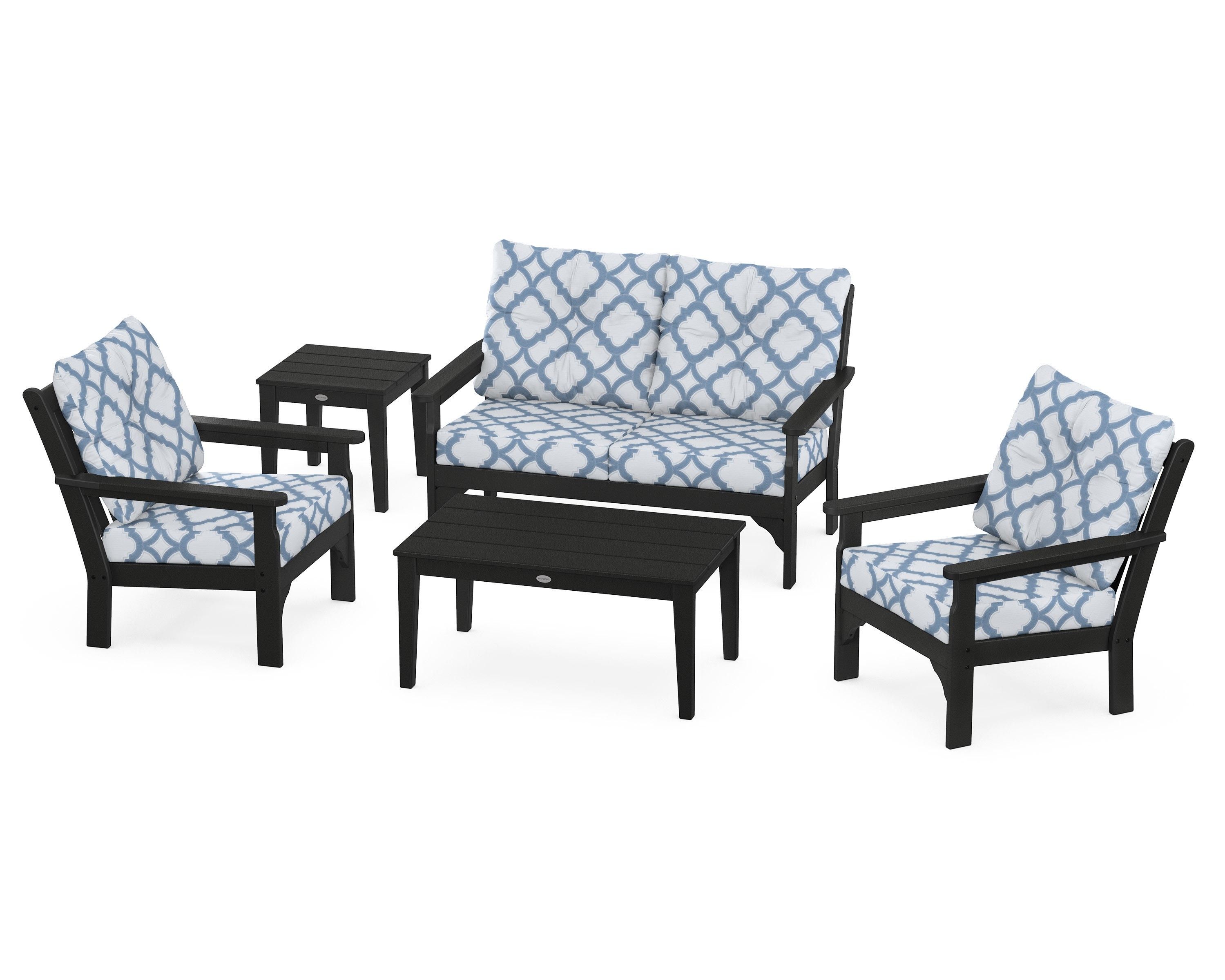 POLYWOOD® Vineyard 5-Piece Deep Seating Set in Black / Trellis Sky Blue