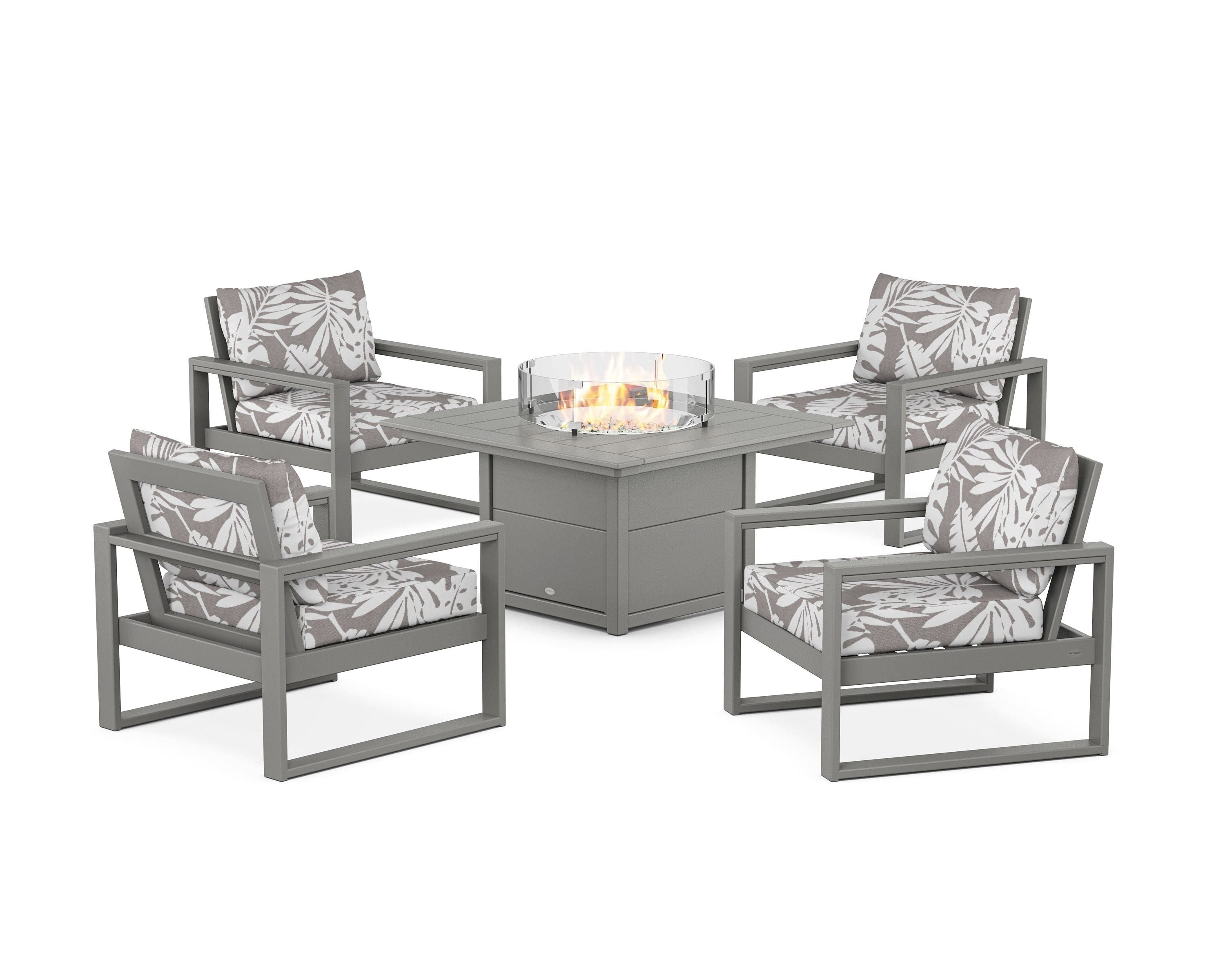 POLYWOOD® EDGE Sectional 5-Piece Deep Seating Set with Fire Pit Table in Slate Grey / Leaf Grey Mist